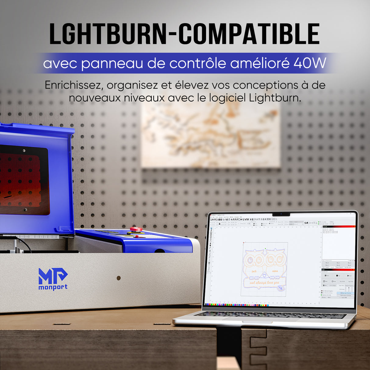 Monport 40W Pro Graveur & découpeur laser CO2 Lightburn (12" X 8") avec assistance d'air