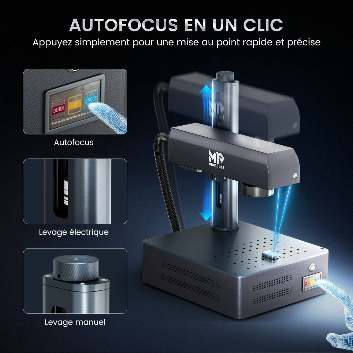 Machine de gravure et de marquage laser à fibre intégrée Monport GM 50W Pro avec mise au point automatique - Machine