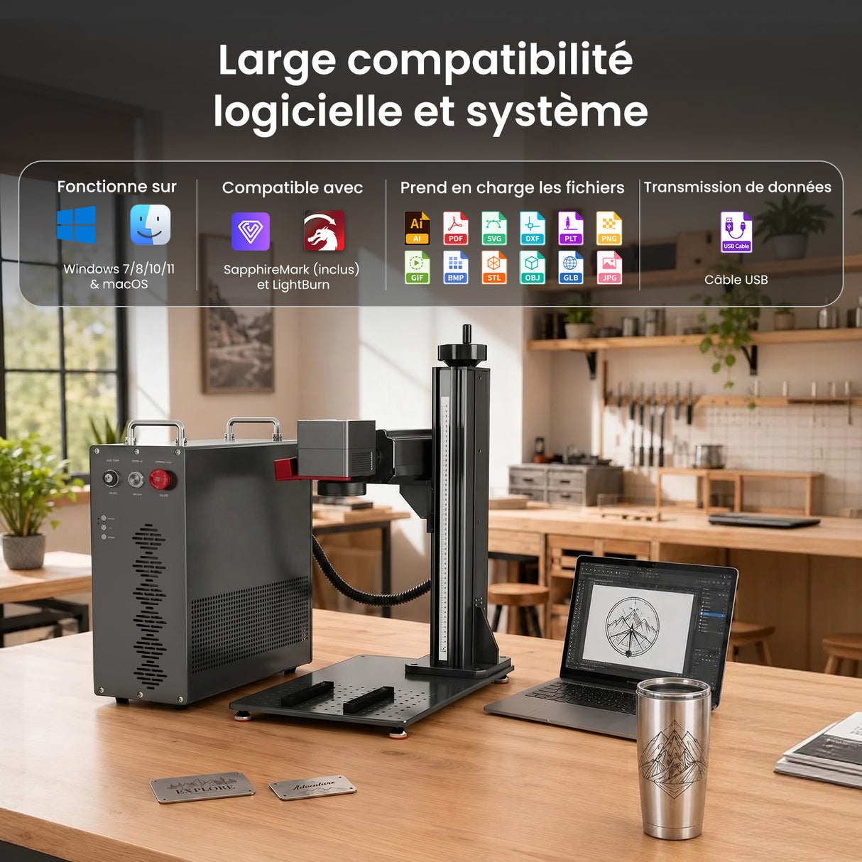 Monport GPro 200W MOPA Machine laser à fibre Vision – Avec système de vision pour un positionnement automatique, une gravure métallique précise et un marquage laser