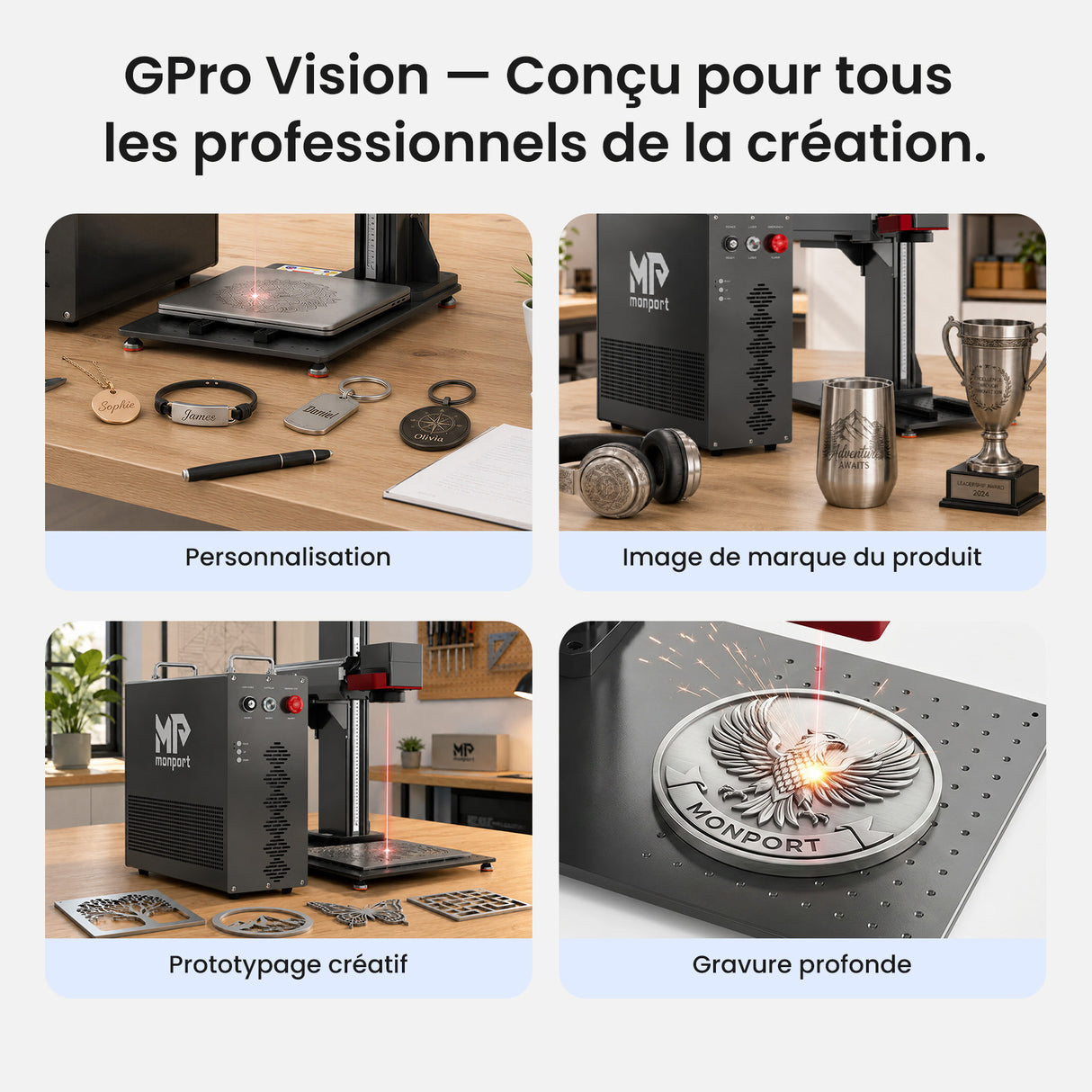 Monport GPro 200W MOPA Machine laser à fibre Vision – Avec système de vision pour un positionnement automatique, une gravure métallique précise et un marquage laser