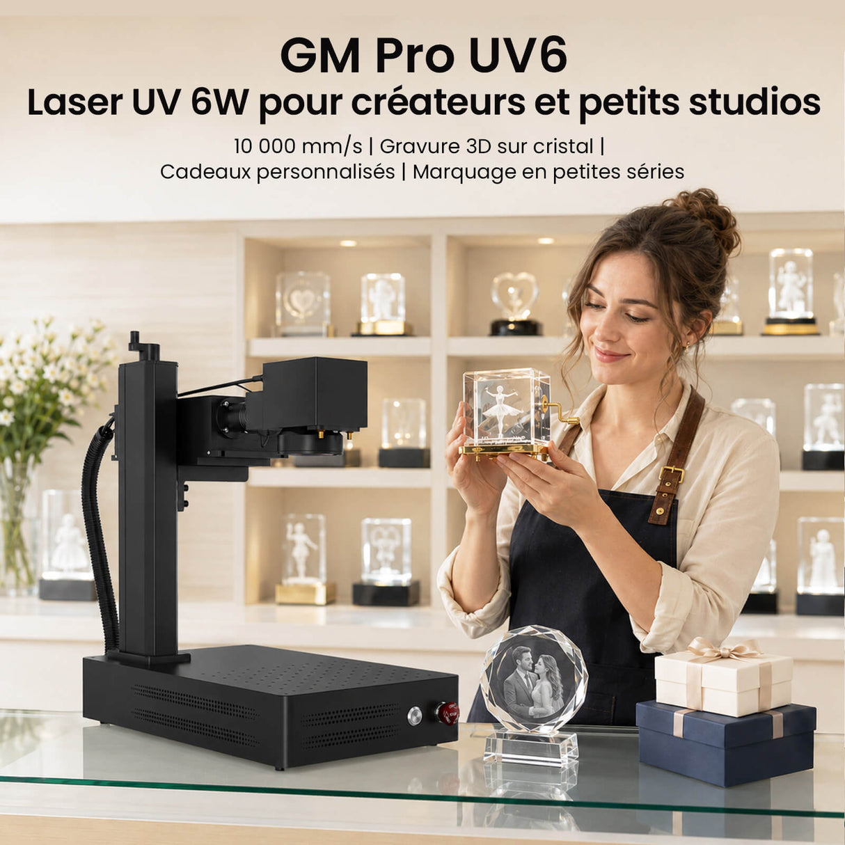 Monport GM 6W PRO Machine de gravure laser UV (gravure intérieure) – Marquage laser UV professionnel avec technologie laser froid 355 nm