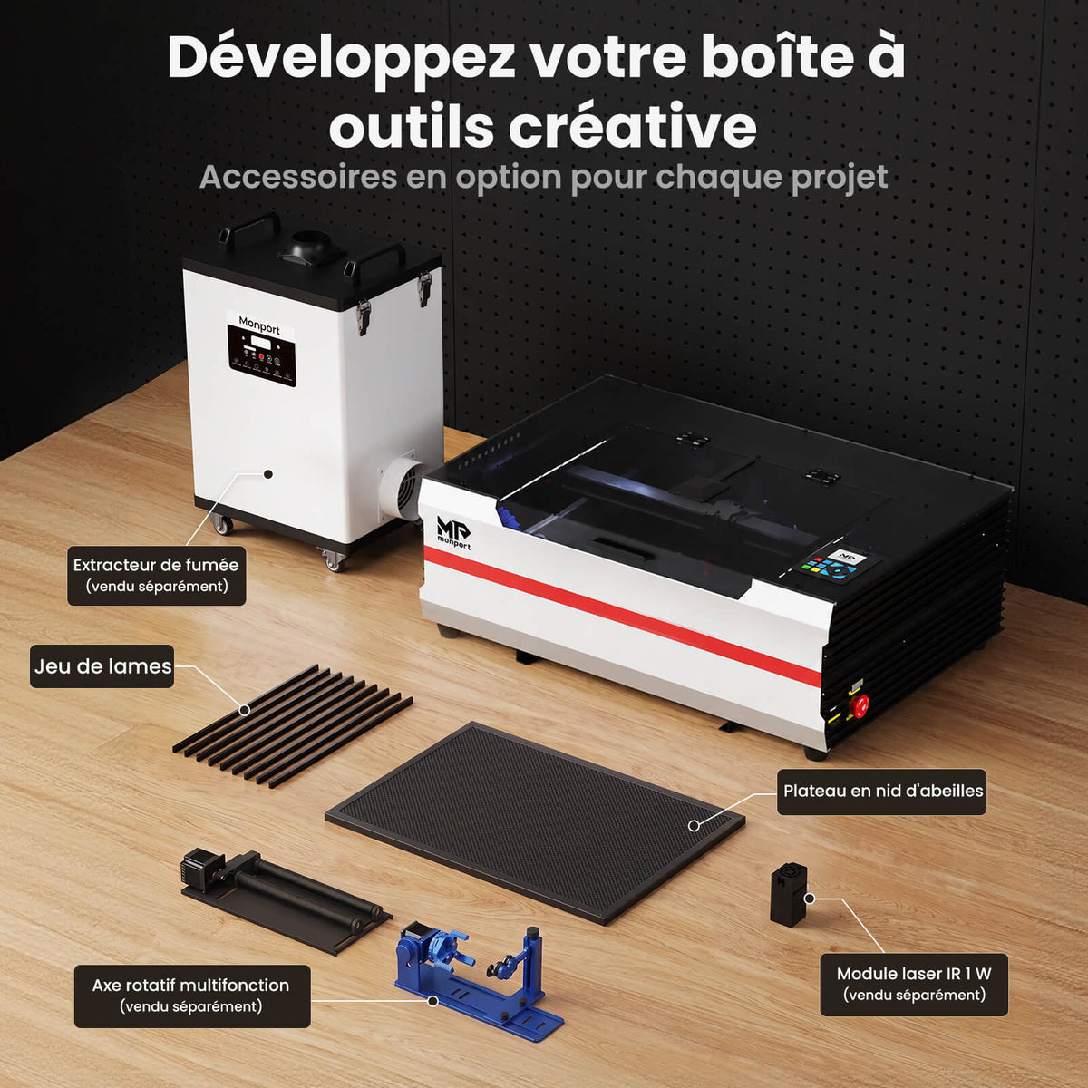 Monport Reno45 Pro Vision Graveur et découpeur laser CO₂ de bureau 45 W (16" x 12") avec caméra HD 8 MP, assistance à la mise au point automatique et système de refroidissement à eau intégré
