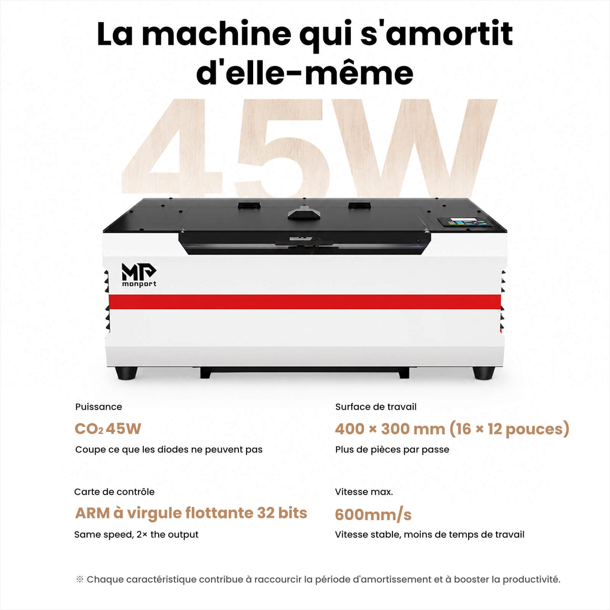 Monport Reno45 Pro Vision Graveur et découpeur laser CO₂ de bureau 45 W (16" x 12") avec caméra HD 8 MP, assistance à la mise au point automatique et système de refroidissement à eau intégré