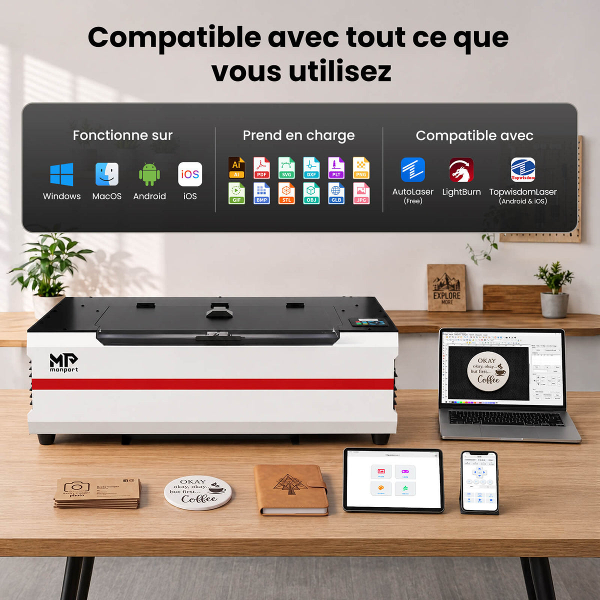 Monport Reno45 Pro Vision Graveur et découpeur laser CO₂ de bureau 45 W (16" x 12") avec caméra HD 8 MP, assistance à la mise au point automatique et système de refroidissement à eau intégré