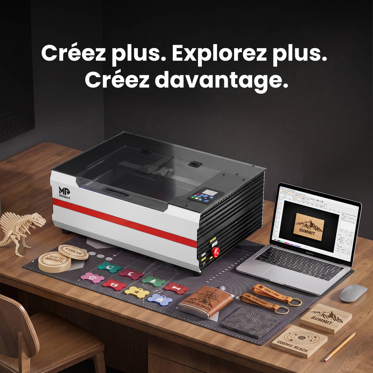 Monport Reno45 Pro Vision Graveur et découpeur laser CO₂ de bureau 45 W (16" x 12") avec caméra HD 8 MP, assistance à la mise au point automatique et système de refroidissement à eau intégré