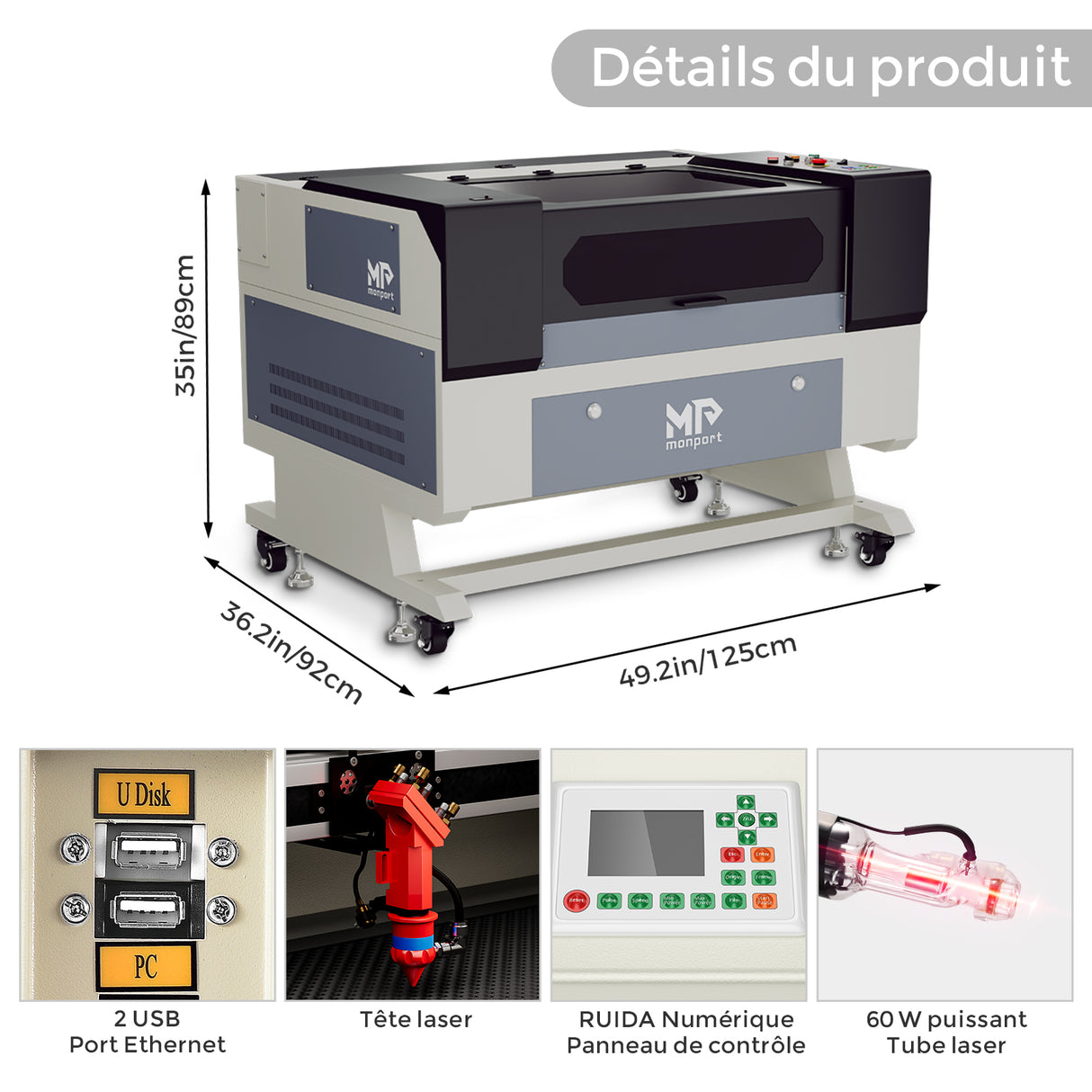 Monport 60W Machine à graver laser CO2 & Cutter (700 x 500mm) Surface de gravure avec Mise au point automatique