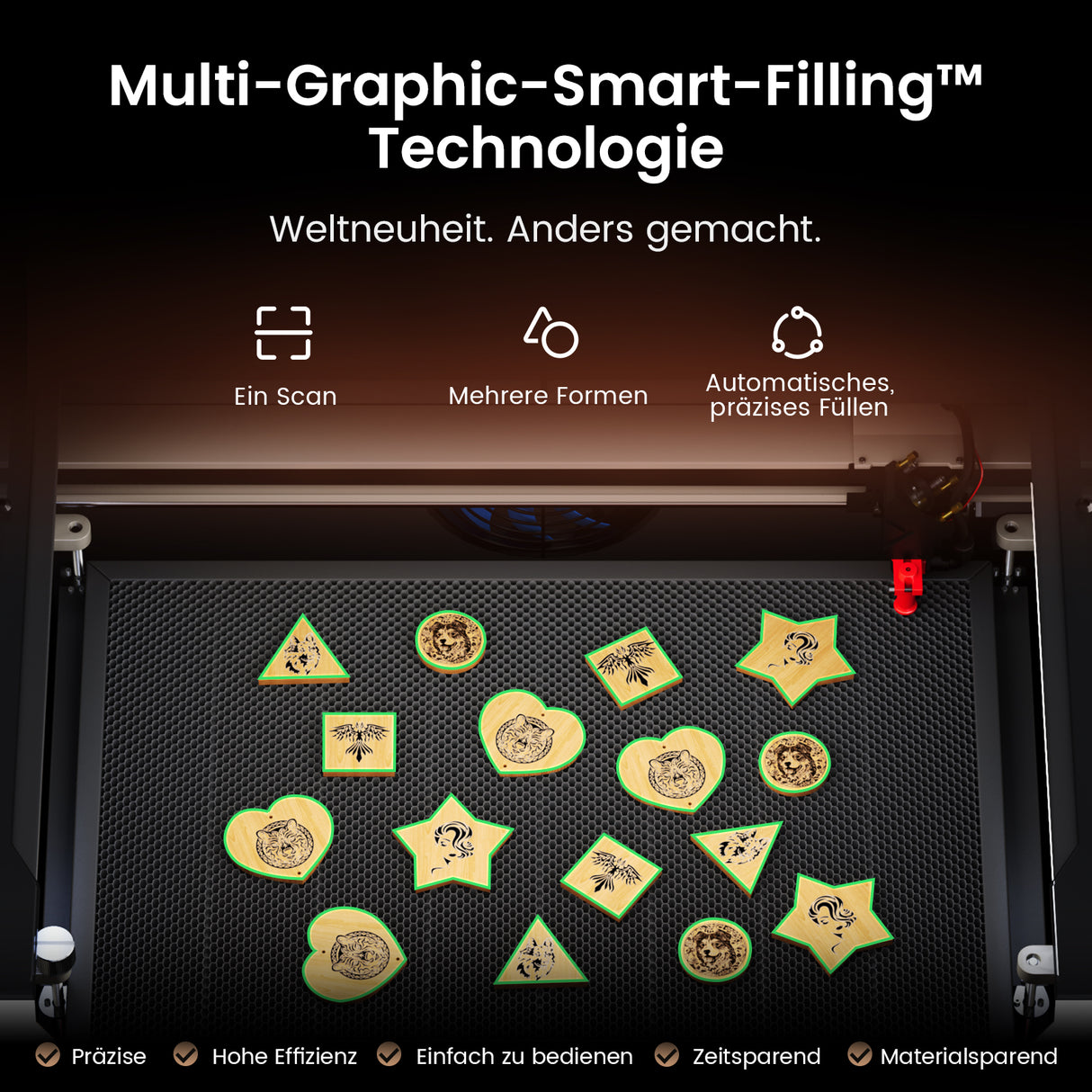 Machine de gravure et de découpe laser CO₂ de bureau Monport Reno 65 Pro (600x400mm) et 65 Pro Vision, équipée d'une caméra HD 8MP et d'une fonction de remplissage automatique intelligente
