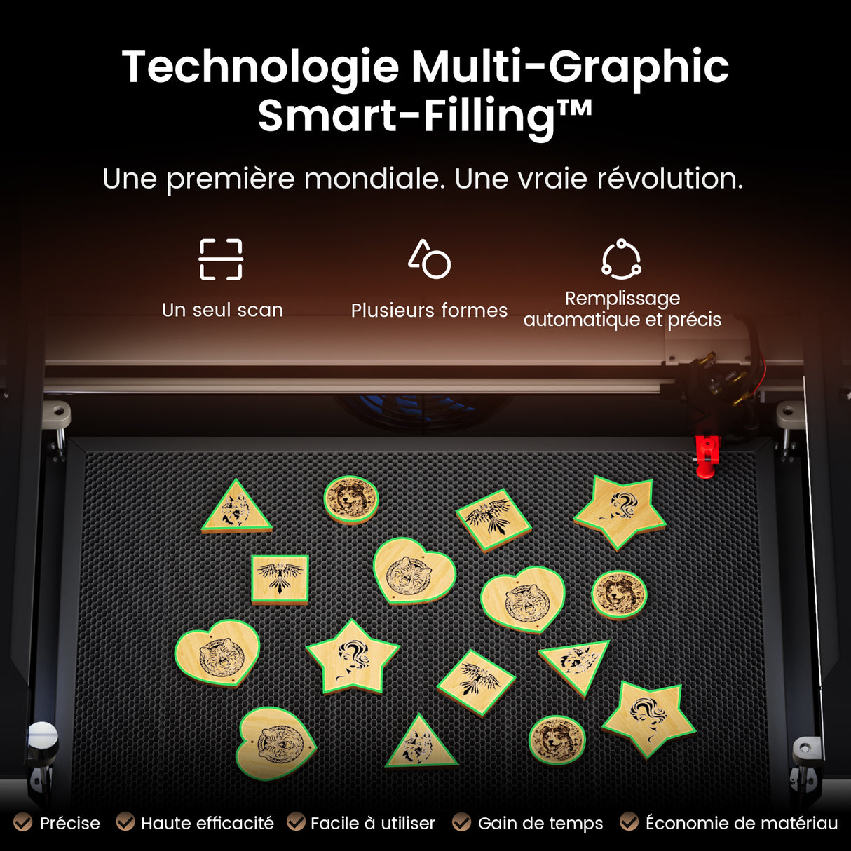 Monport Reno45 Pro Vision Graveur et Découpeur Laser CO2 de Bureau 45W (40×30 cm) avec Caméra HD 8MP et Mise au Point Automatique Assistée par Aimant