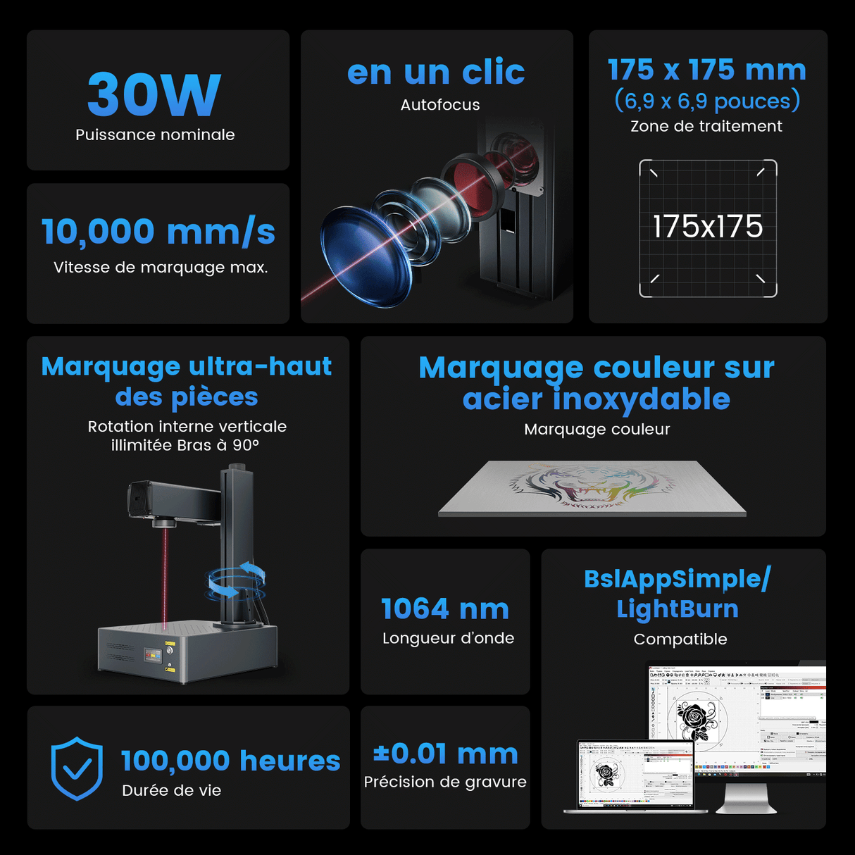 Monport GA Graveur & marqueur laser à fibre MOPA intégré amélioré 30W avec Mise au Point Automatique