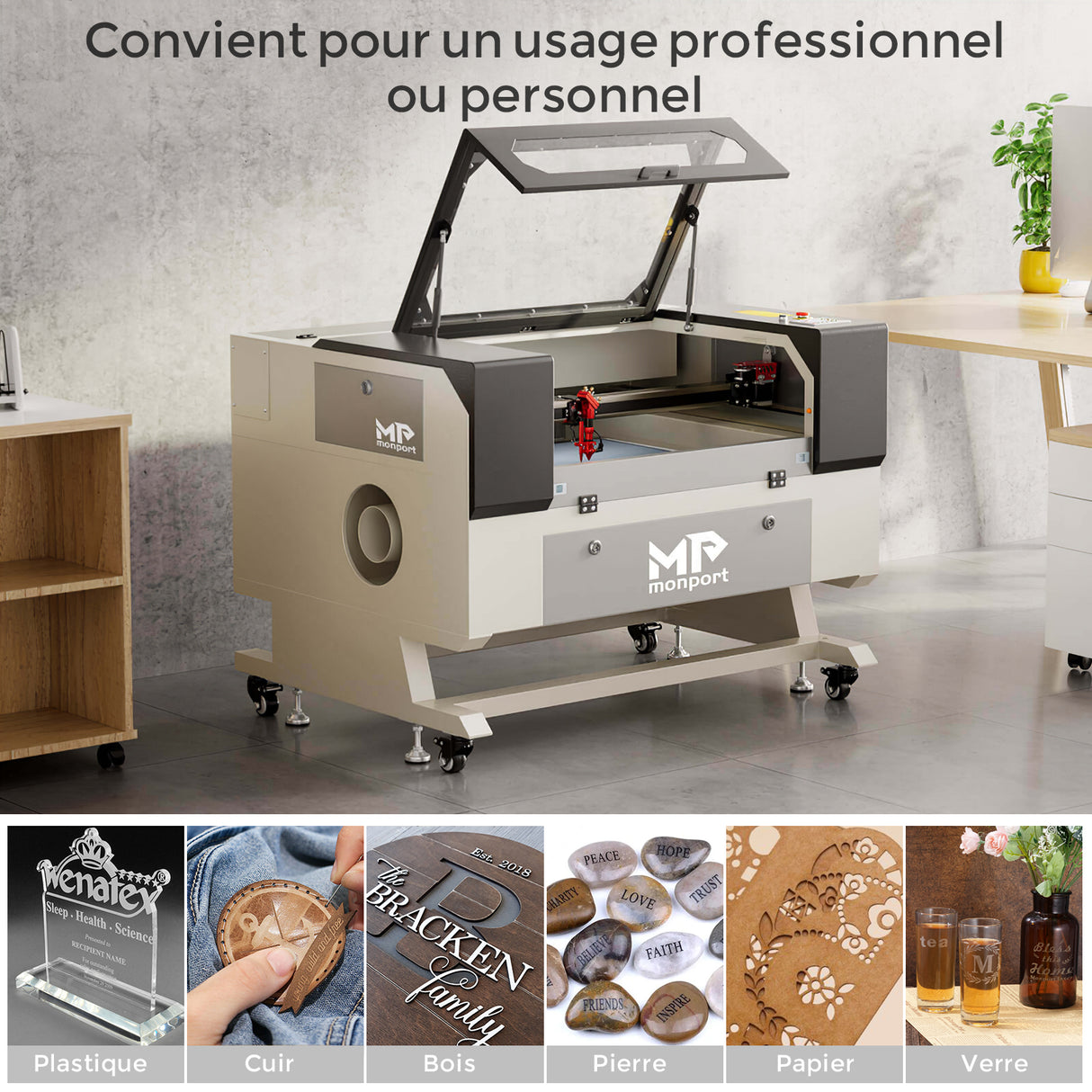 Monport 60W Machine à graver laser CO2 & Cutter (700 x 500mm) Surface de gravure avec Mise au point automatique