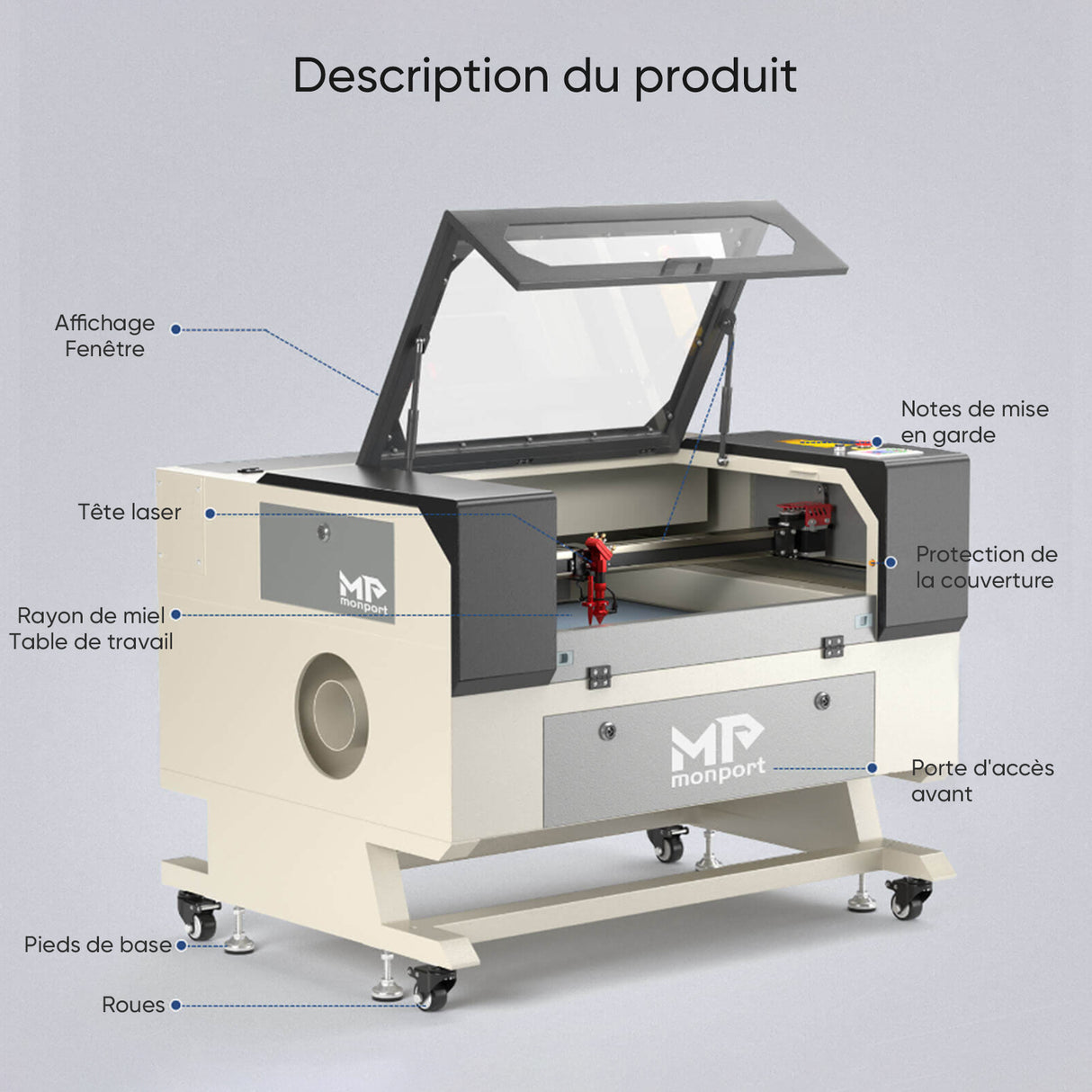Monport 60W Machine à graver laser CO2 & Cutter (700 x 500mm) Surface de gravure avec Mise au point automatique
