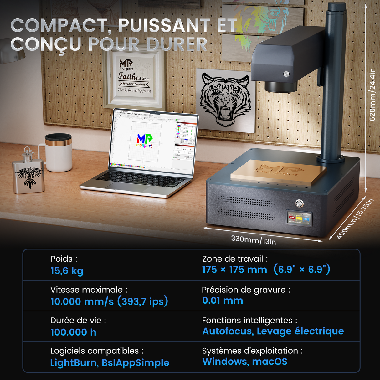 Graveur et machine de marquage laser à fibre MOPA intégré Monport GM 30W Pro avec mise au point automatique