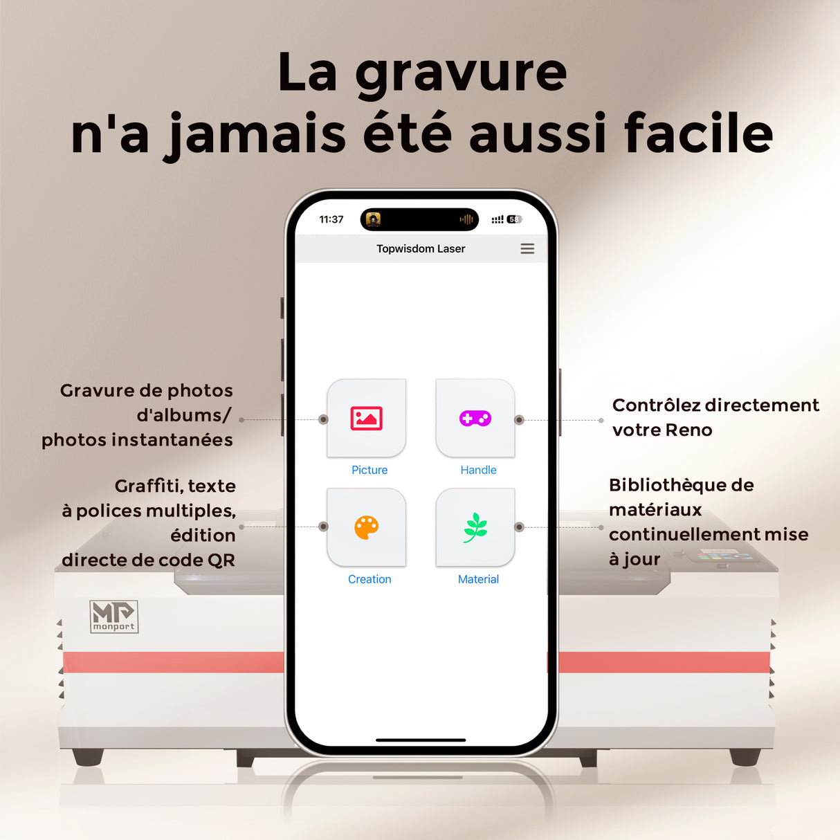 Monport Reno65 Pro 65W Graveur et découpeur laser CO2 de bureau (24" X 16") avec nouveau contr?leur DSP et Mise au point automatique assistée