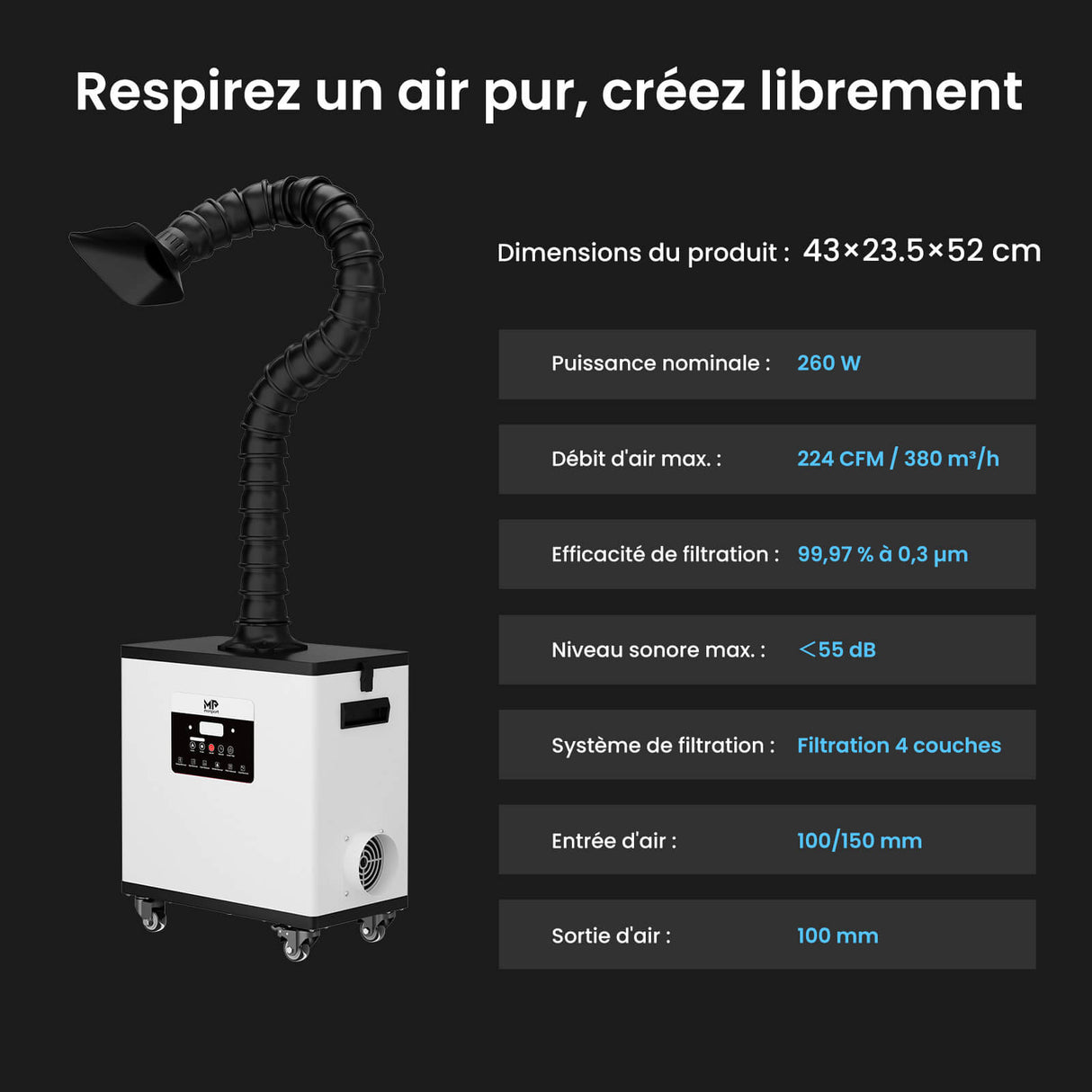 Monport 260W Système d’aspiration des fumées laser avec filtration à 4 niveaux – Pour machines de gravure laser CO₂ et fibre