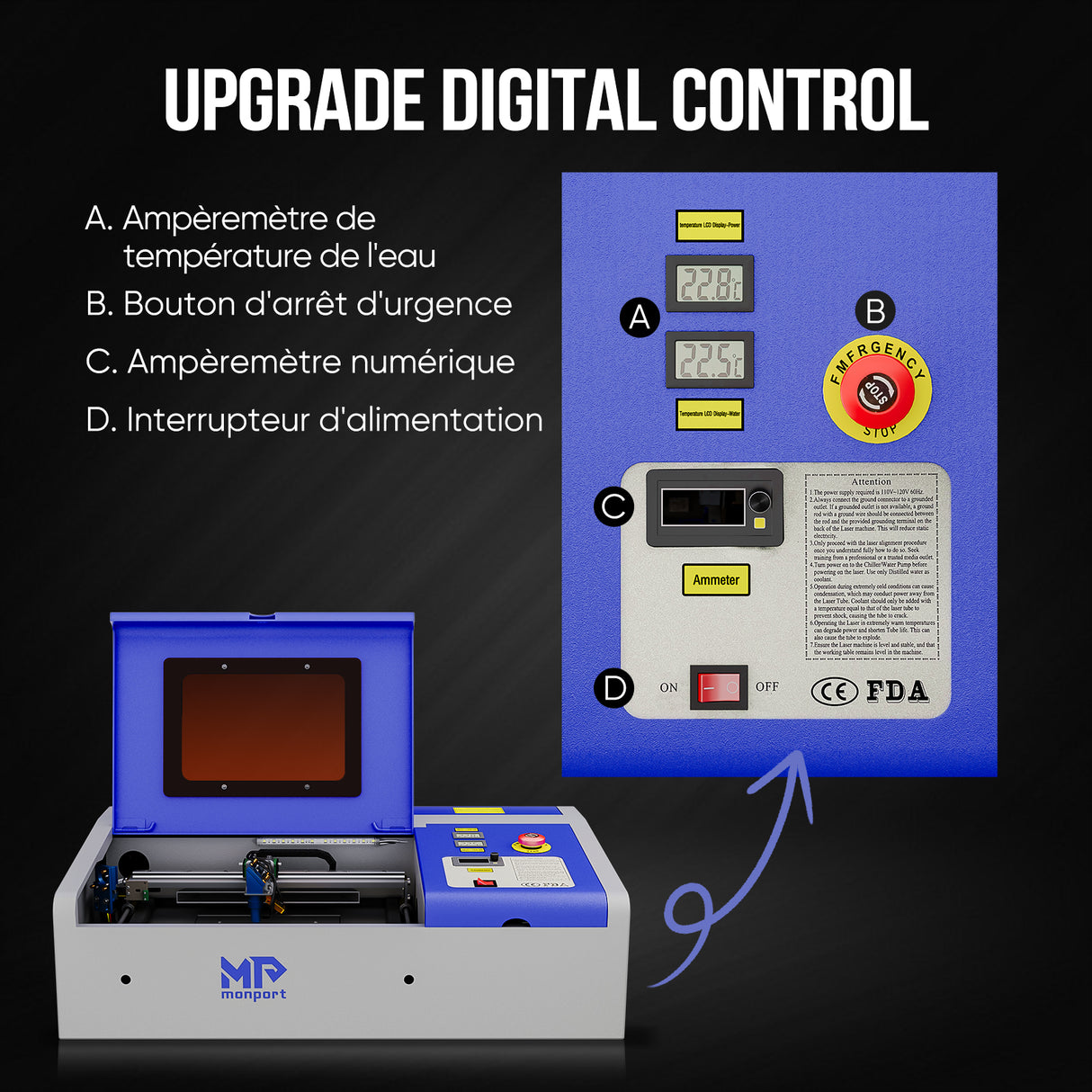 Monport 40W Pro Graveur & découpeur laser CO2 Lightburn (12" X 8") avec assistance d'air