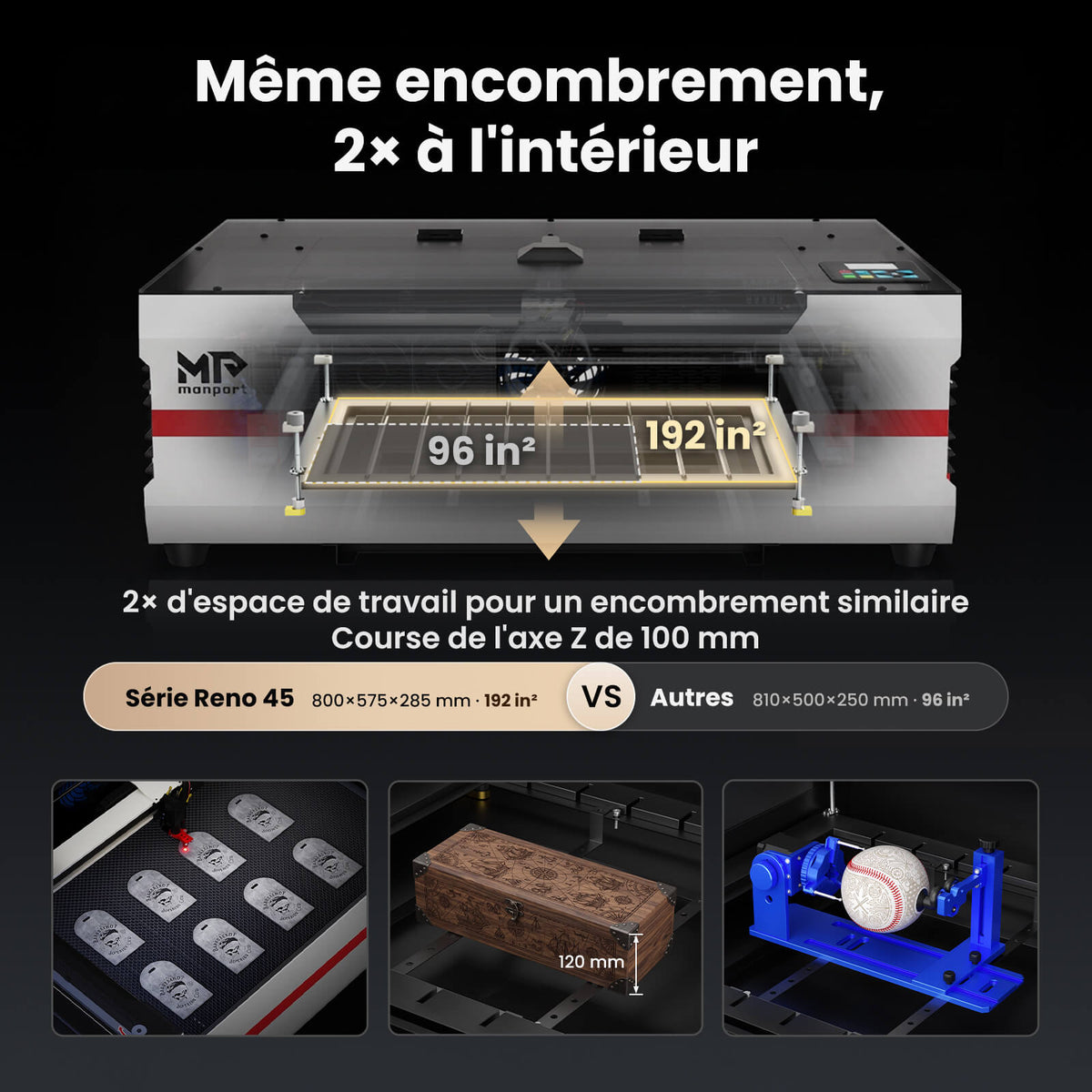 Monport Reno45 Pro Vision Graveur et découpeur laser CO₂ de bureau 45 W (16" x 12") avec caméra HD 8 MP, assistance à la mise au point automatique et système de refroidissement à eau intégré