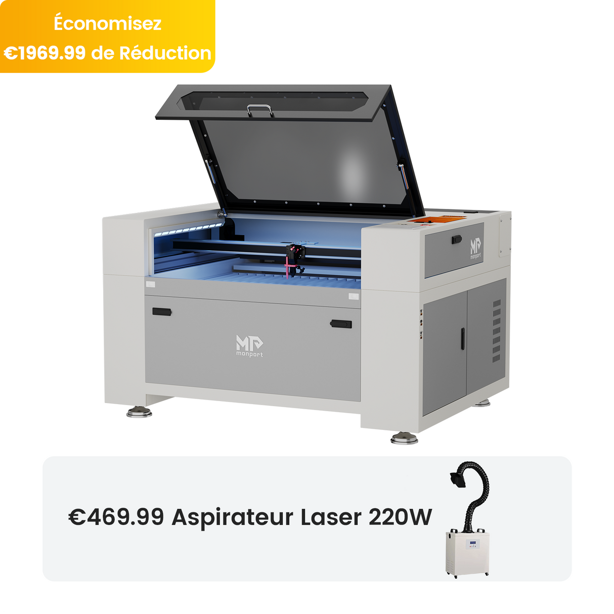 Monport Effi 10S version améliorée machine de gravure et de découpe laser CO2 100W avec fonction de mise au point automatique et refroidisseur d'eau intégré