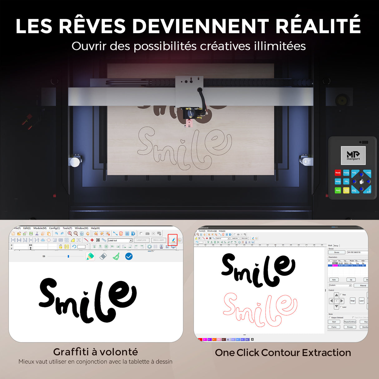 Monport Reno45 Pro 45W Graveuse et découpeuse laser CO2 de bureau (16" X 12") avec un tout nouveau système Mise au point automatique assistée