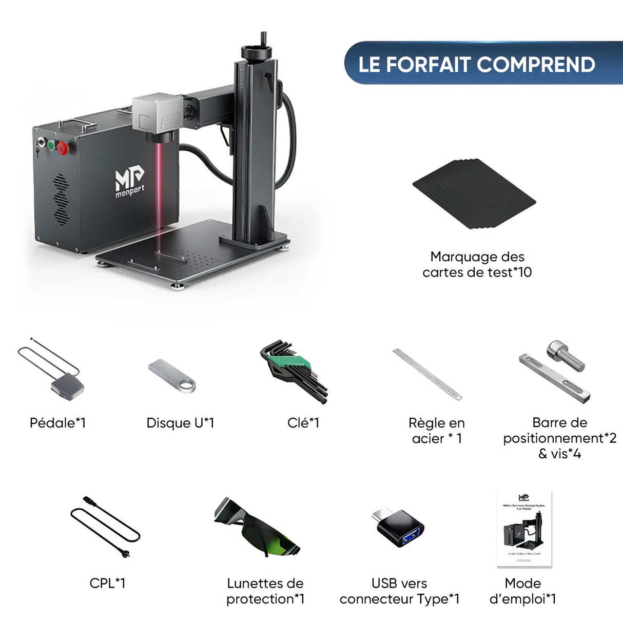 Monport 30W Graveur & marqueur laser à fibre (175 x 175 mm) GPro MOPA avec focalisation manuelle