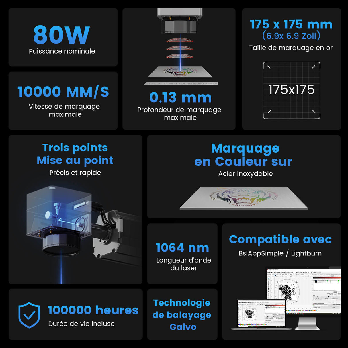 Monport 80W (175 x 175 mm) Graveur & marqueur laser à fibre GPro MOPA avec focalisation manuelle