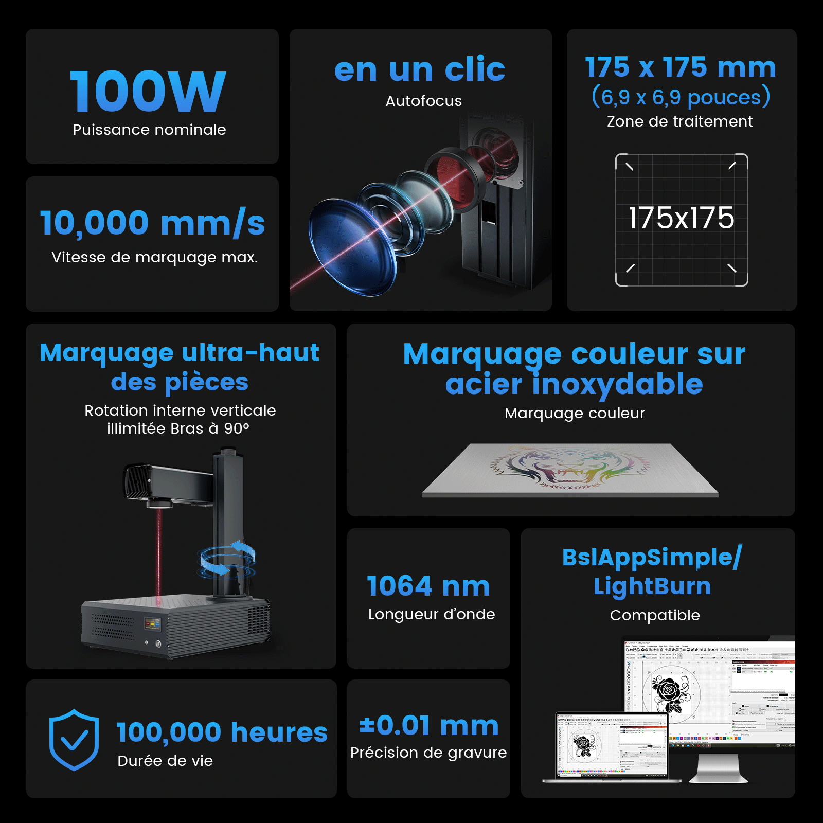 Monport GA Graveur & marqueur laser à fibre MOPA intégré amélioré 100W avec Mise au Point Automatique
