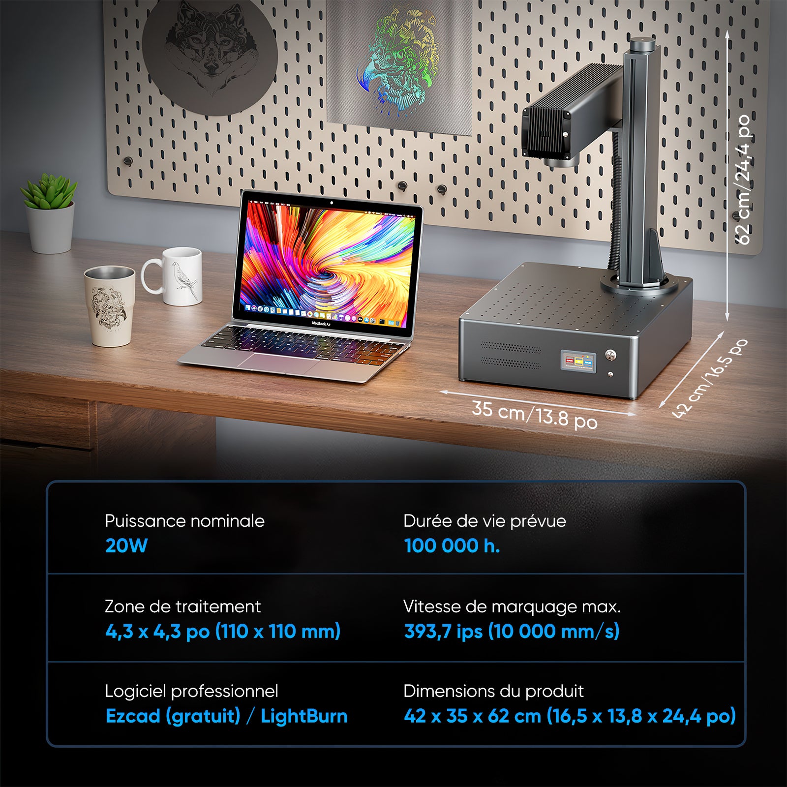 Monport GA Graveur & marqueur laser à fibre intégré amélioré 20W avec Mise au Point Automatique