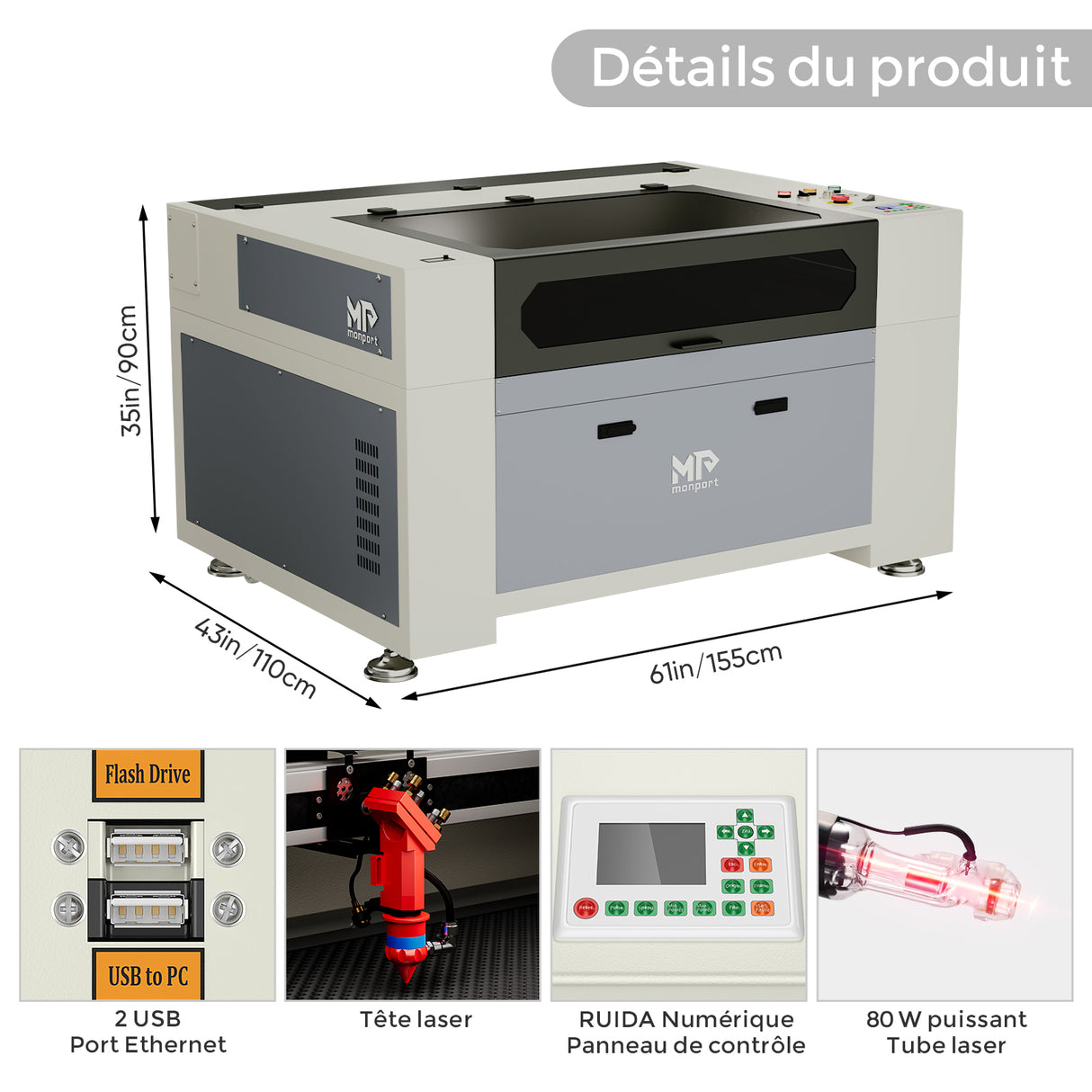 Monport 80W CO2 intégré Système de refroidissement à eau Machine à graver laser & Cutter avec (900 x 600mm) surface de gravure