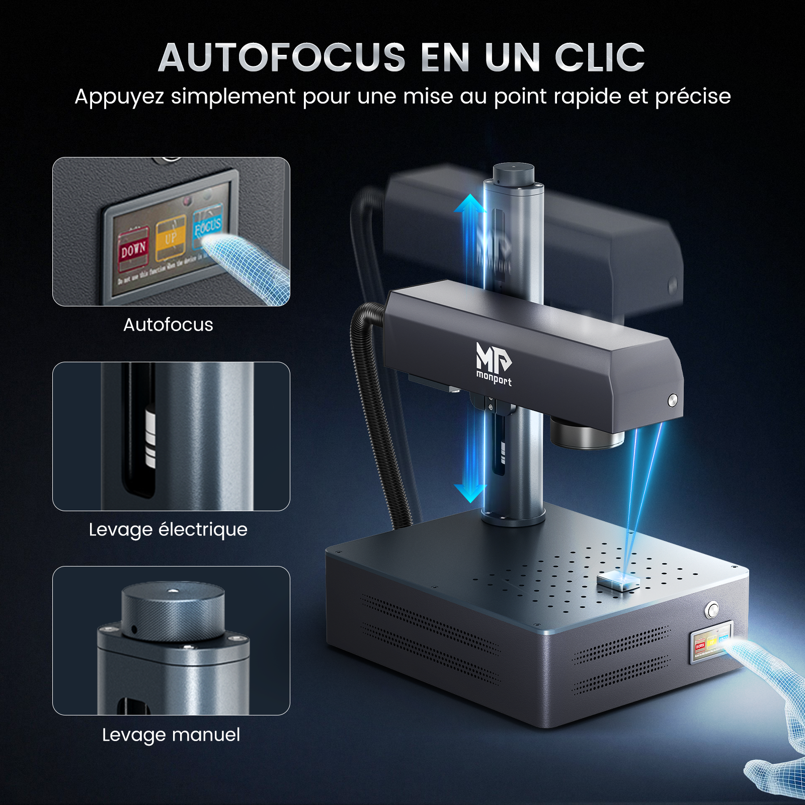 Machine de gravure et de marquage laser à fibre intégrée Monport GM 50W Pro avec mise au point automatique - Machine