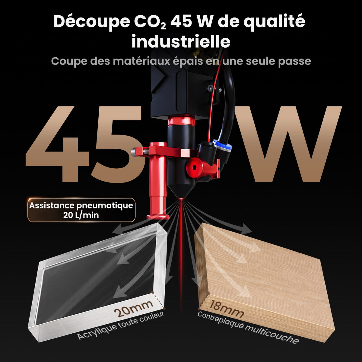 Monport Reno45 Pro Vision Graveur et découpeur laser CO₂ de bureau 45 W (16" x 12") avec caméra HD 8 MP, assistance à la mise au point automatique et système de refroidissement à eau intégré