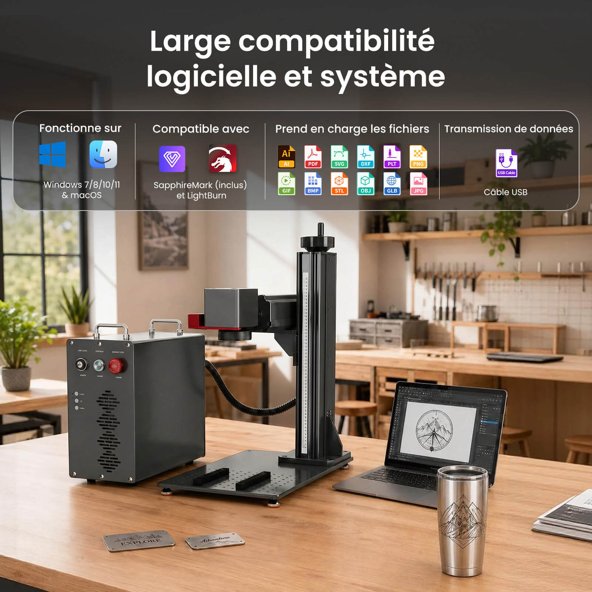 Monport GPro 100W MOPA Machine laser à fibre Vision – Avec système de vision pour un positionnement automatique, une gravure métallique précise et un marquage laser