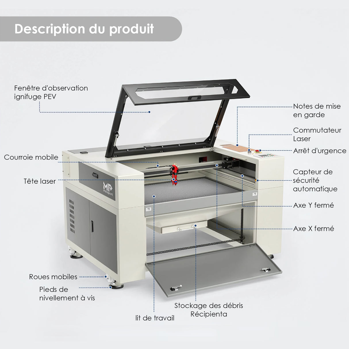 Monport 100W CO2 intégré Système de refroidissement à eau Machine à graver laser & Cutter avec (1000 x 600mm) surface de gravure