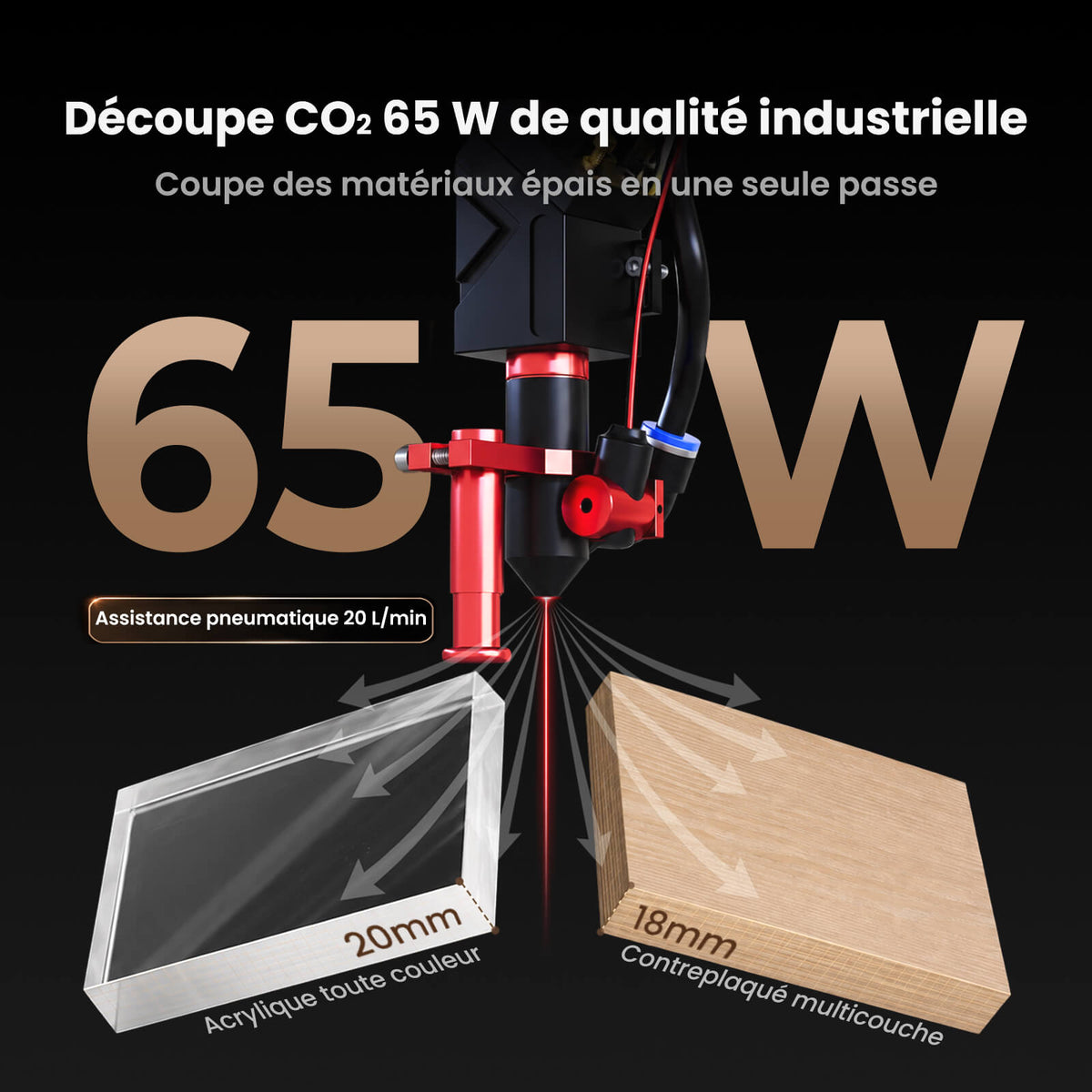 Monport Reno65 Pro Vision 65W – Machine de gravure et de découpe laser CO₂ de bureau (600x400mm) avec caméra HD 8MP, support de mise au point automatique magnétique et système de refroidissement par eau intégré