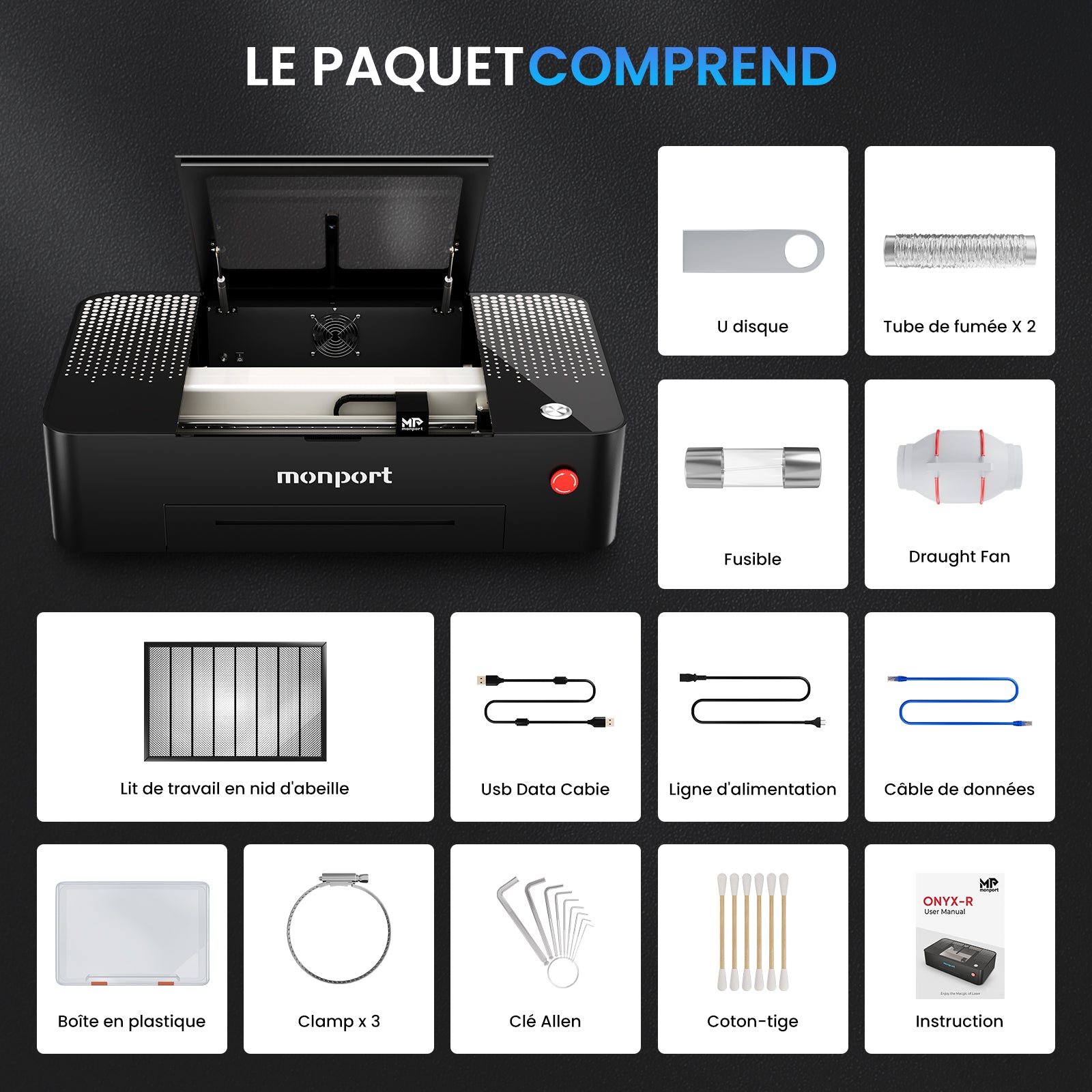 MONPORT ONYX Graveur laser CO2 de bureau 55W avec Mise au Point Automatique