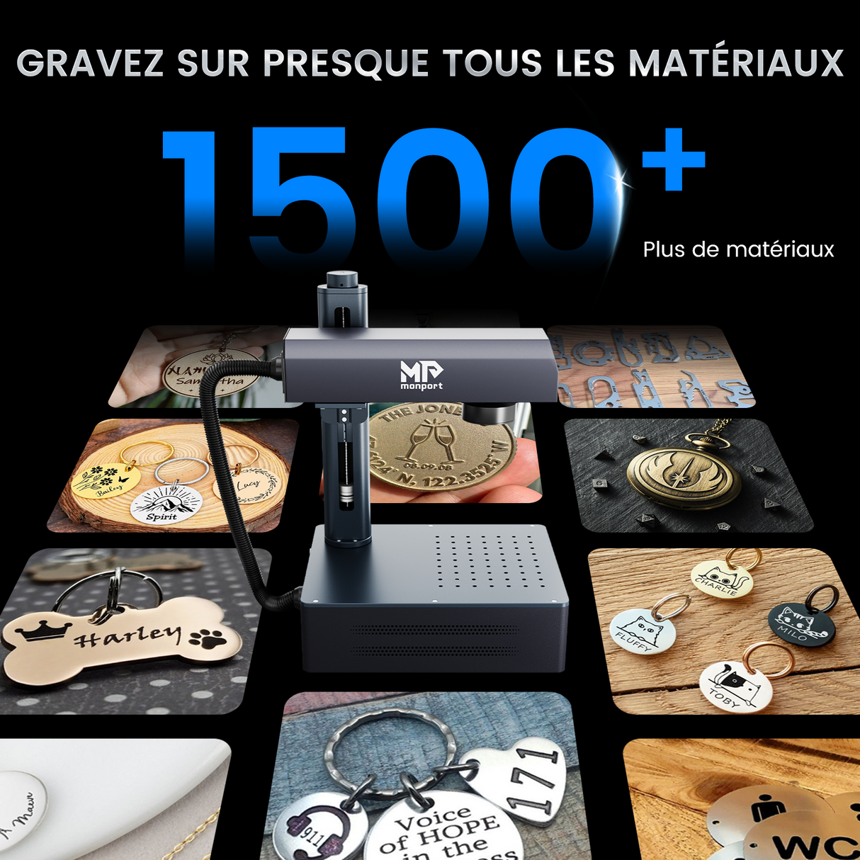 Graveur laser à fibre intégré et machine de marquage Monport GM 20W Pro avec mise au point automatique - Machine