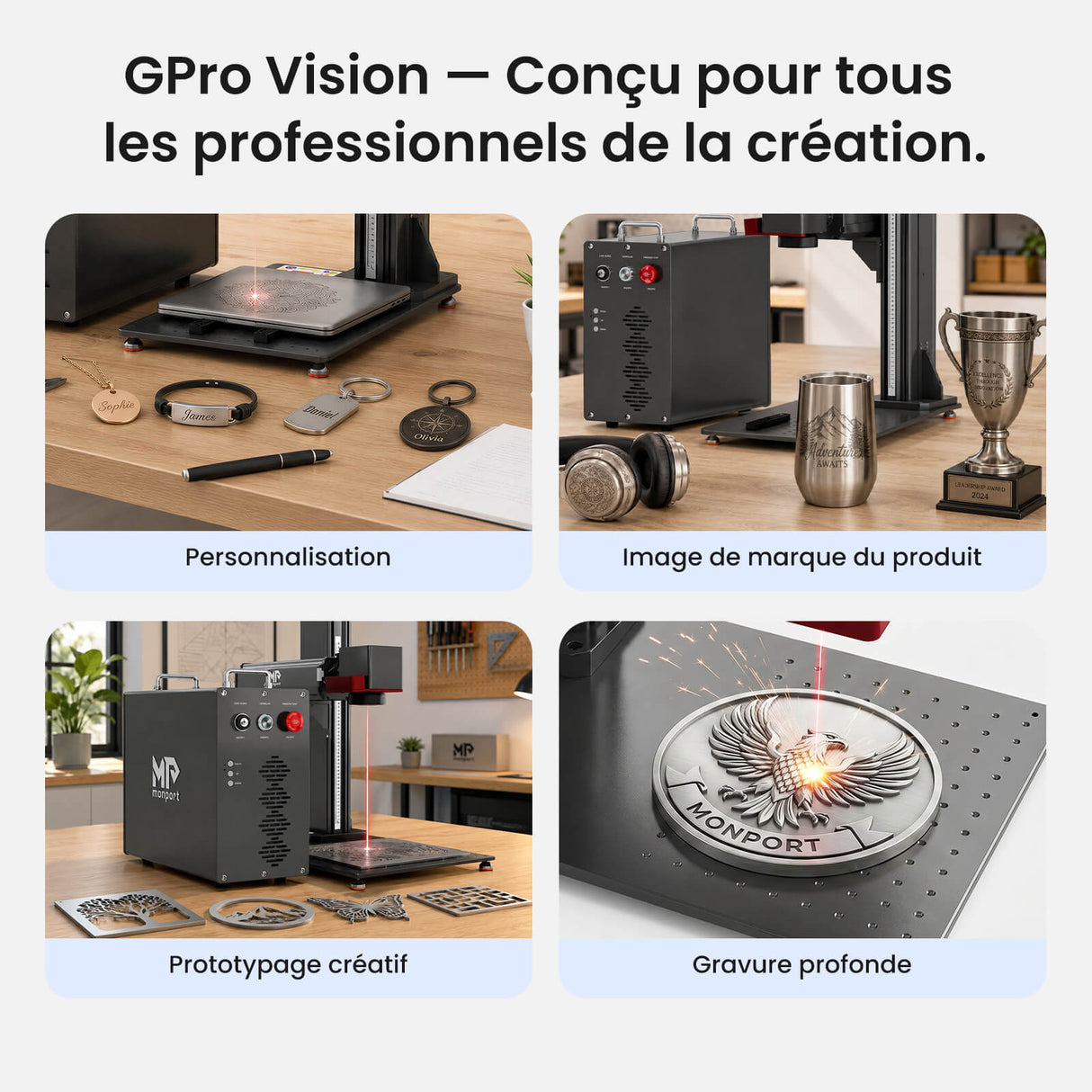 Monport GPro 100W MOPA Machine laser à fibre Vision – Avec système de vision pour un positionnement automatique, une gravure métallique précise et un marquage laser