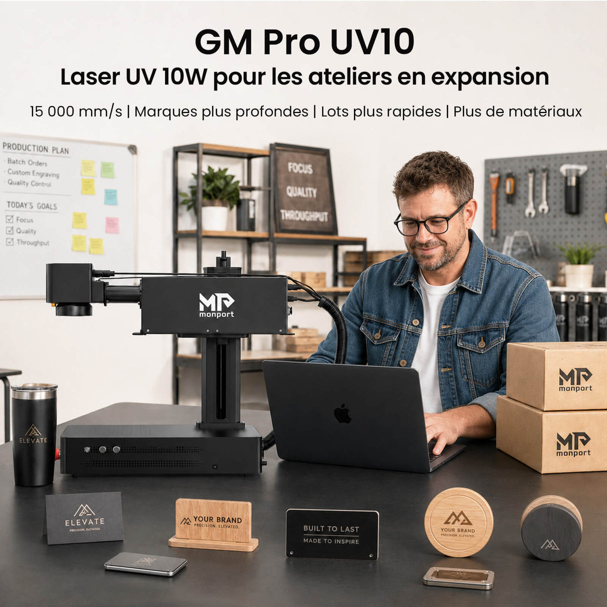 Monport GM 10W PRO Machine de gravure laser UV (gravure intérieure) – Marquage laser UV professionnel avec technologie laser froid 355 nm