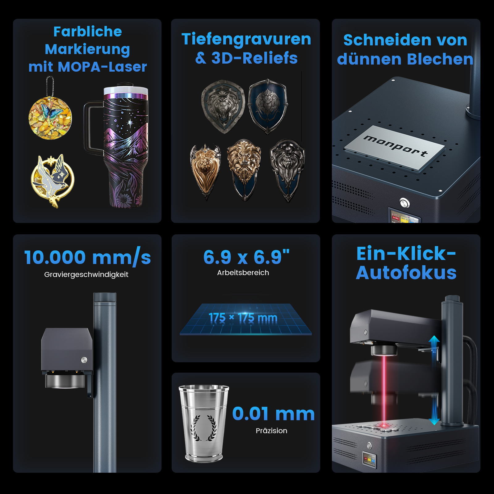 Graveur et machine de marquage laser à fibre MOPA intégré Monport GM 60W Pro avec mise au point automatique