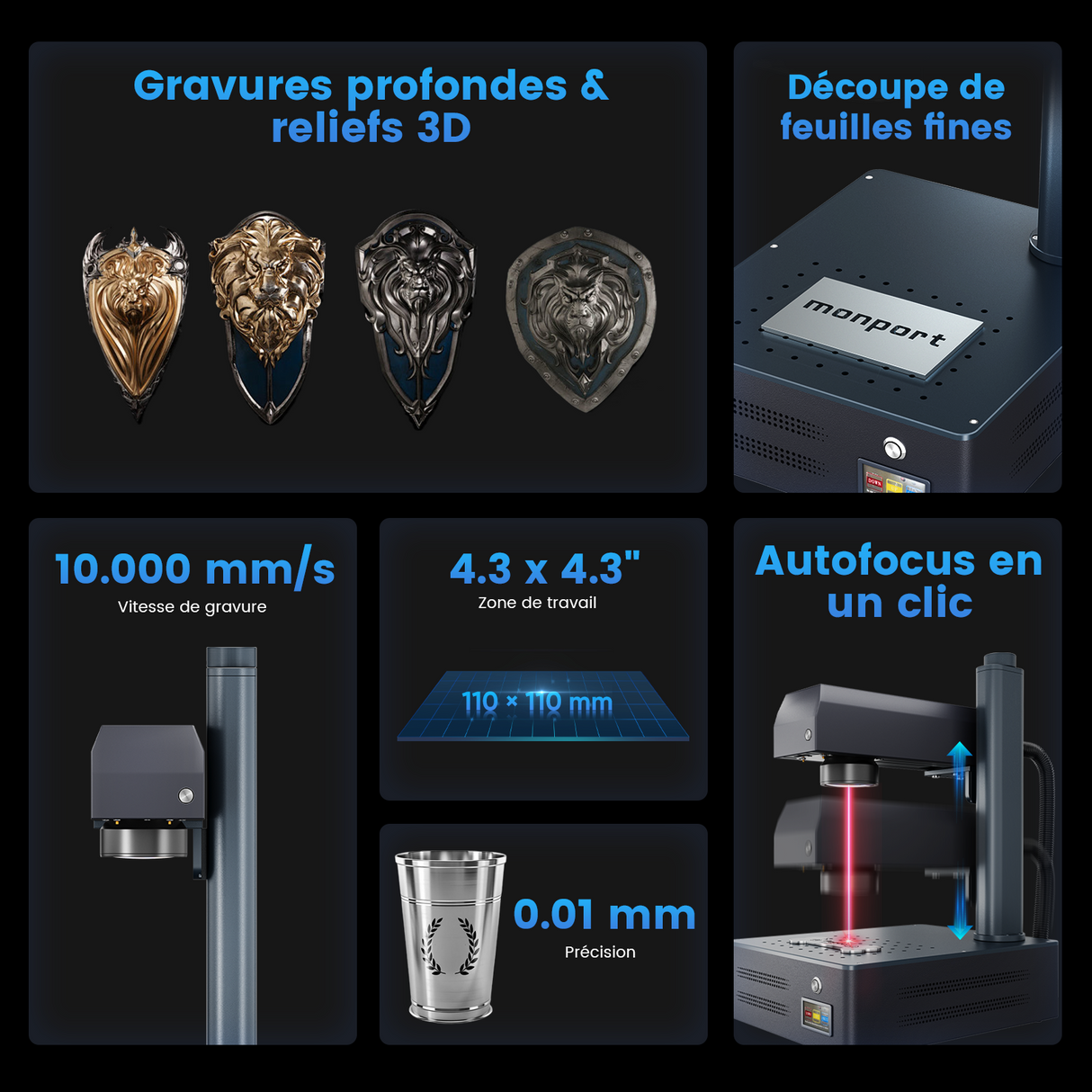 Graveur laser à fibre intégré et machine de marquage Monport GM 20W Pro avec mise au point automatique - Machine