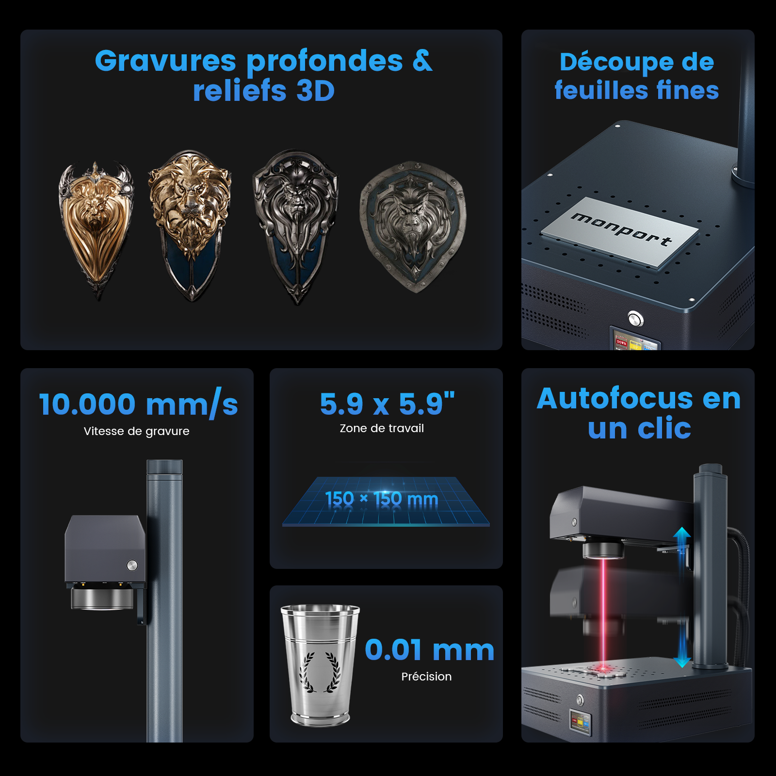 Machine de gravure et de marquage laser à fibre intégrée Monport GM 50W Pro avec mise au point automatique - Machine