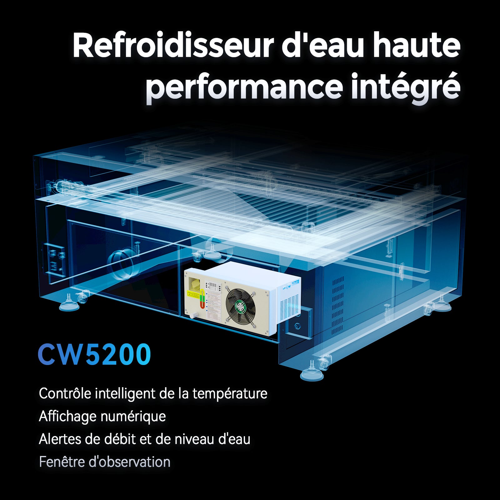 Monport Effi 10S version améliorée machine de gravure et de découpe laser CO2 100W avec fonction de mise au point automatique et refroidisseur d'eau intégré