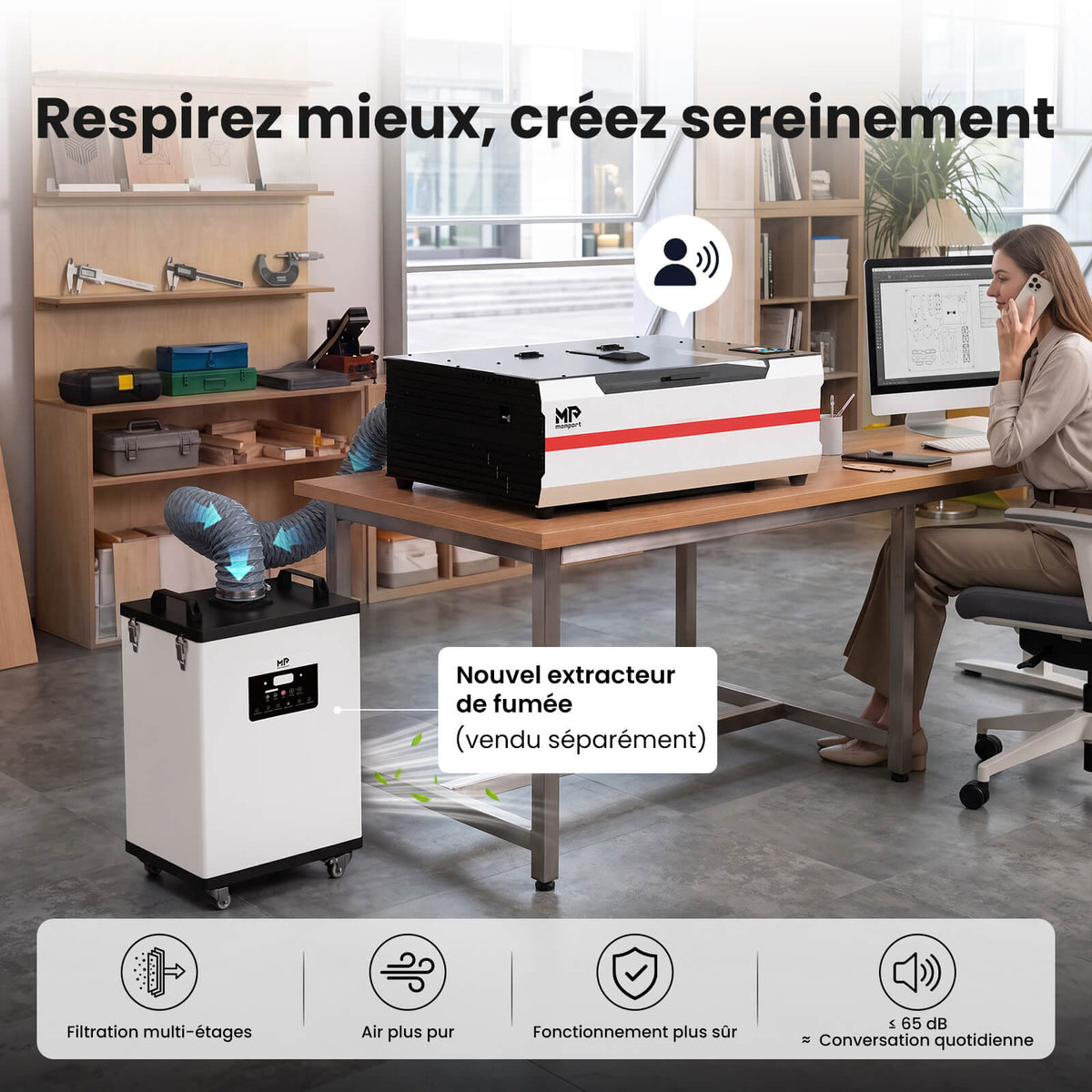 Monport Reno45 Pro Vision Graveur et découpeur laser CO₂ de bureau 45 W (16" x 12") avec caméra HD 8 MP, assistance à la mise au point automatique et système de refroidissement à eau intégré