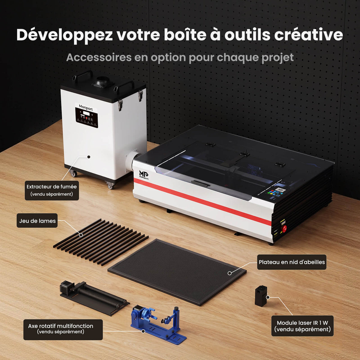 Monport Reno65 Pro Vision 65W – Machine de gravure et de découpe laser CO₂ de bureau (600x400mm) avec caméra HD 8MP, support de mise au point automatique magnétique et système de refroidissement par eau intégré