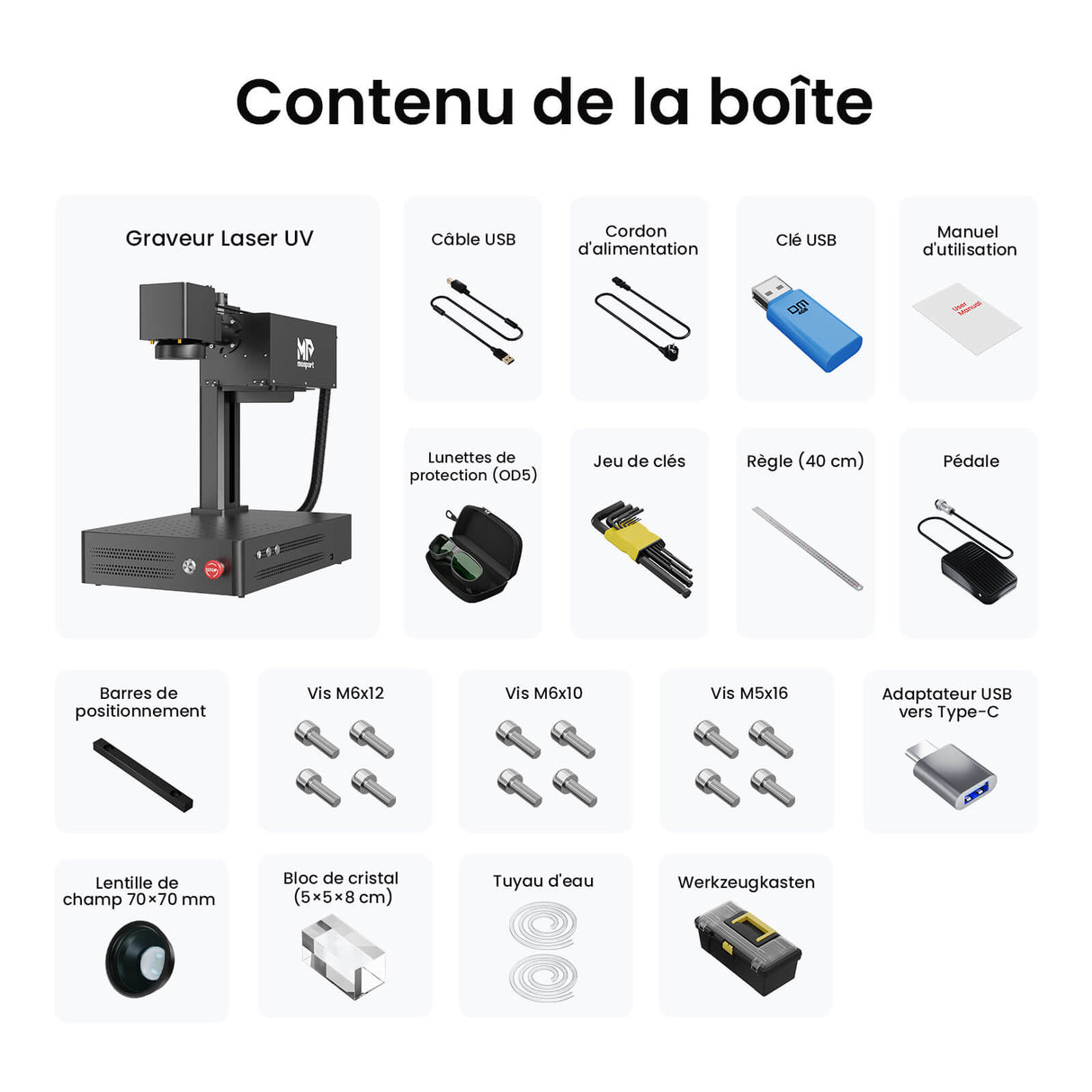 Monport GM 10W PRO Machine de gravure laser UV (gravure intérieure) – Marquage laser UV professionnel avec technologie laser froid 355 nm