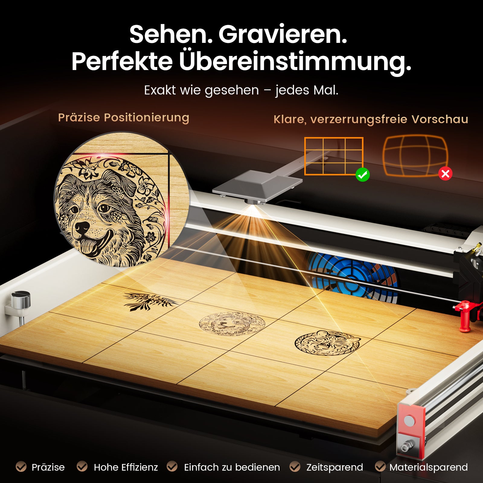 Monport Reno65 Pro Vision 65W – Machine de gravure et de découpe laser CO2 de bureau (24'' x 16'') avec caméra HD 8MP et support de mise au point automatique magnétique