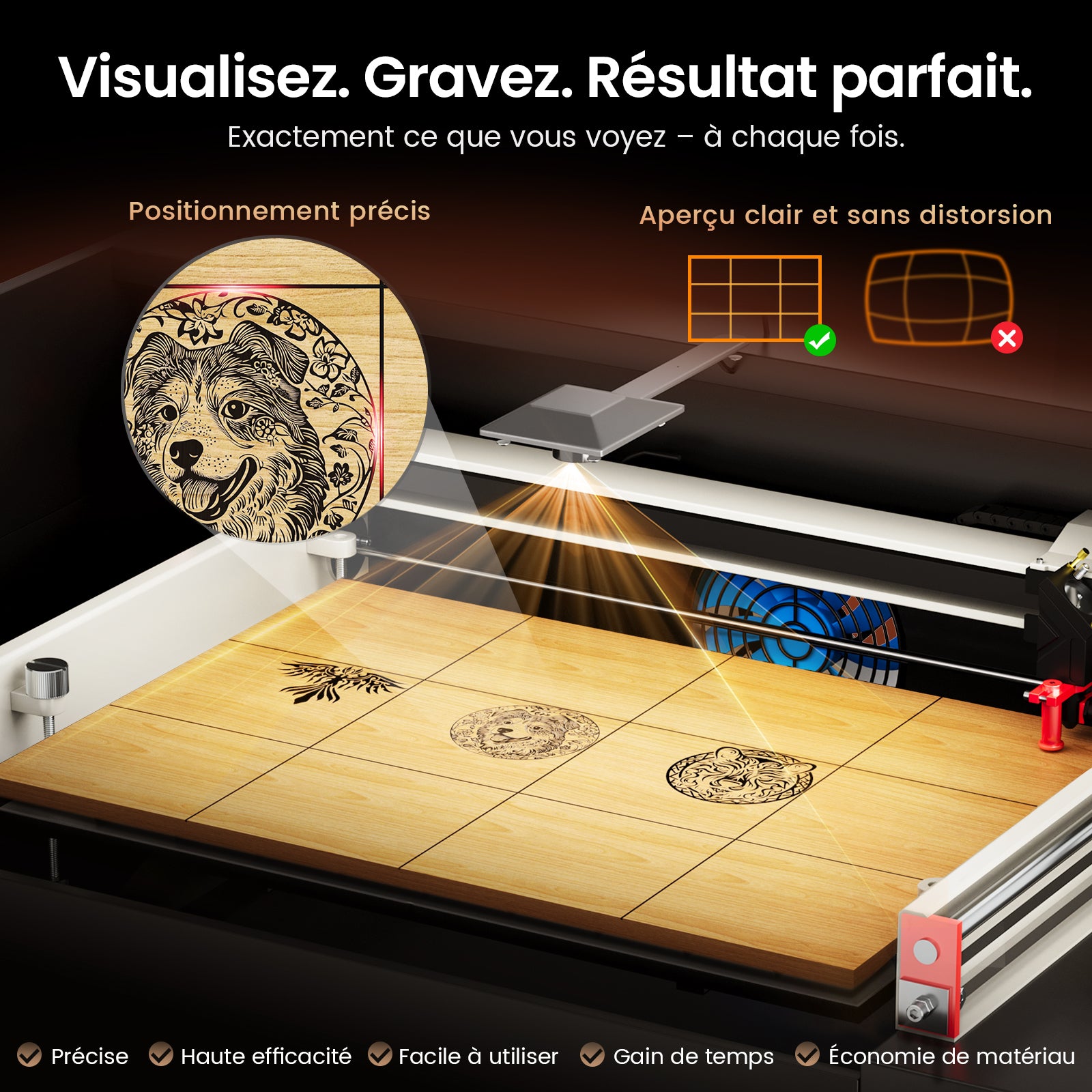 Monport Reno45 Pro Vision Graveur et Découpeur Laser CO2 de Bureau 45W (40×30 cm) avec Caméra HD 8MP et Mise au Point Automatique Assistée par Aimant