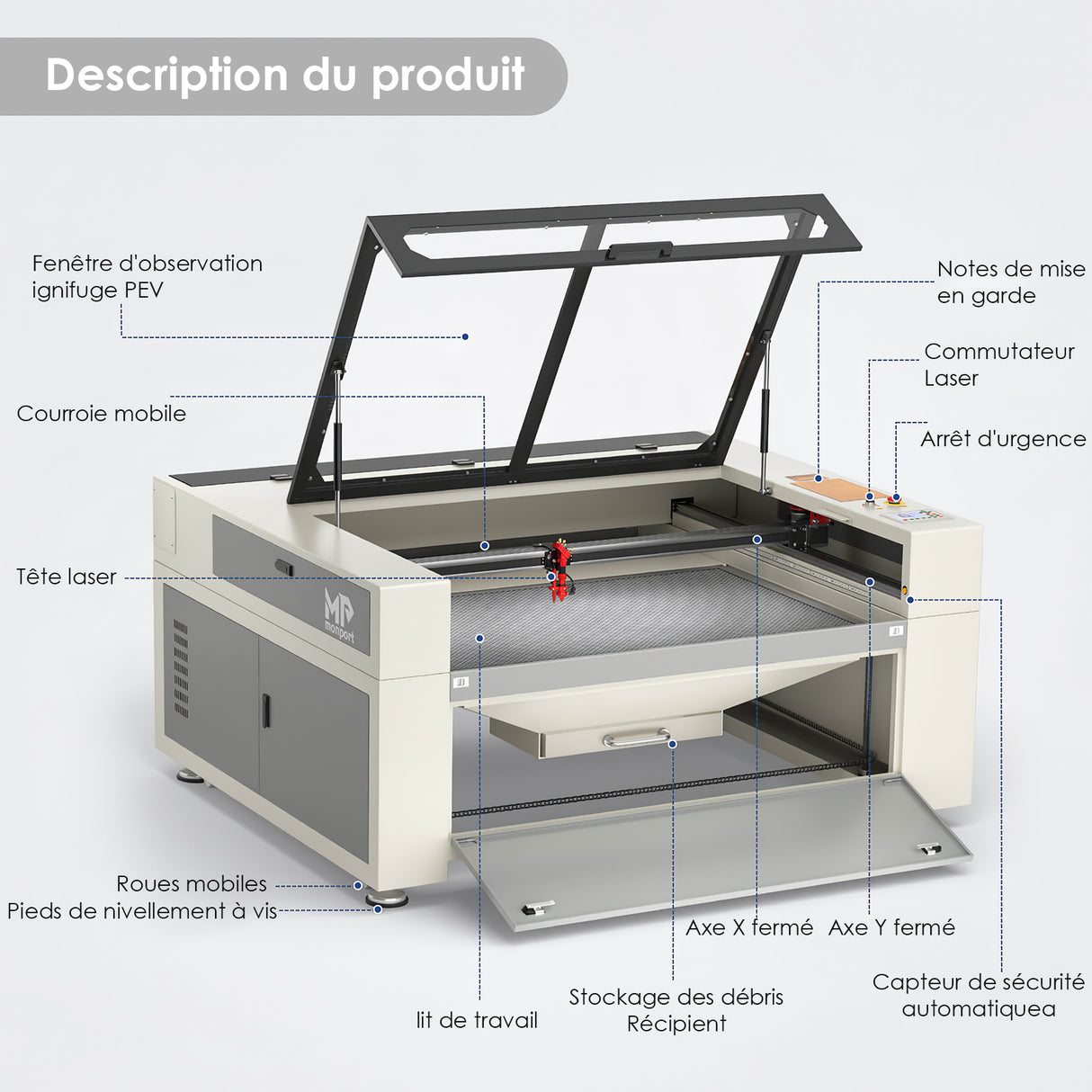 Monport 130W CO2 intégré Système de refroidissement par eau Machine à graver laser & Cutter avec (1300 x 900mm) surface de gravure