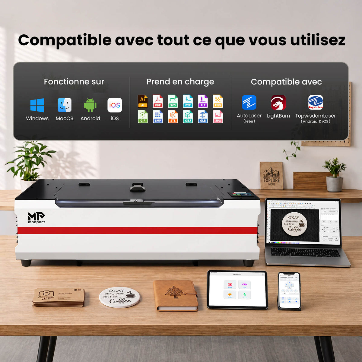 Monport Reno65 Pro Vision 65W – Machine de gravure et de découpe laser CO₂ de bureau (600x400mm) avec caméra HD 8MP, support de mise au point automatique magnétique et système de refroidissement par eau intégré