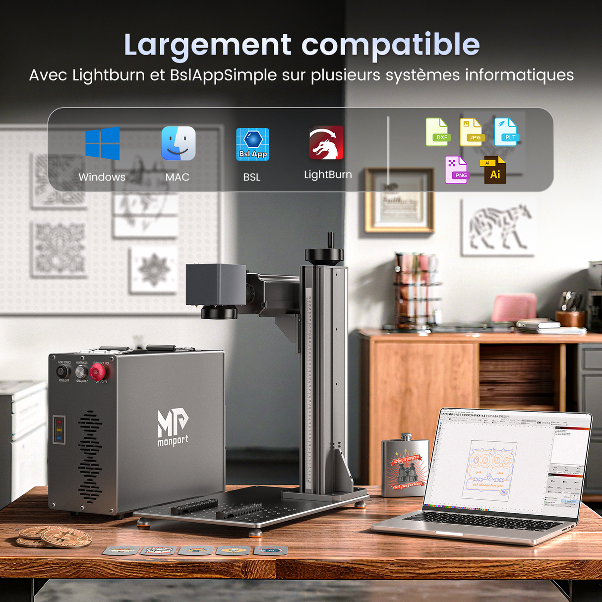 Monport GT 100W Graveur et machine de marquage couleur laser à fibre MOPA séparé avec autofocus – Appareil