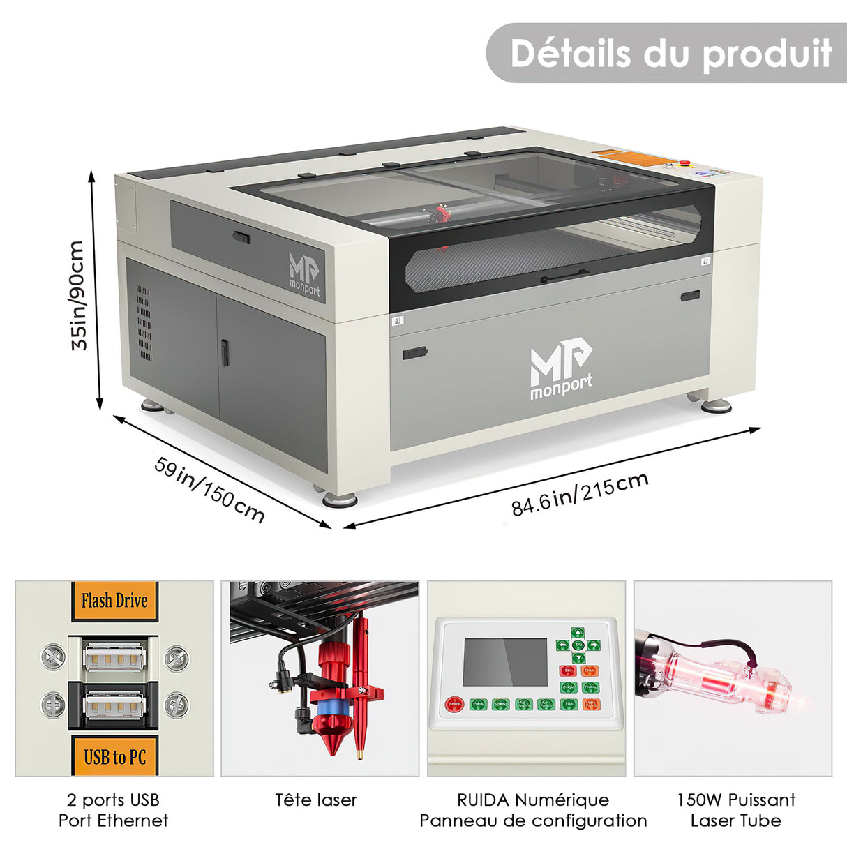 Monport 130W CO2 intégré Système de refroidissement par eau Machine à graver laser & Cutter avec (1300 x 900mm) surface de gravure