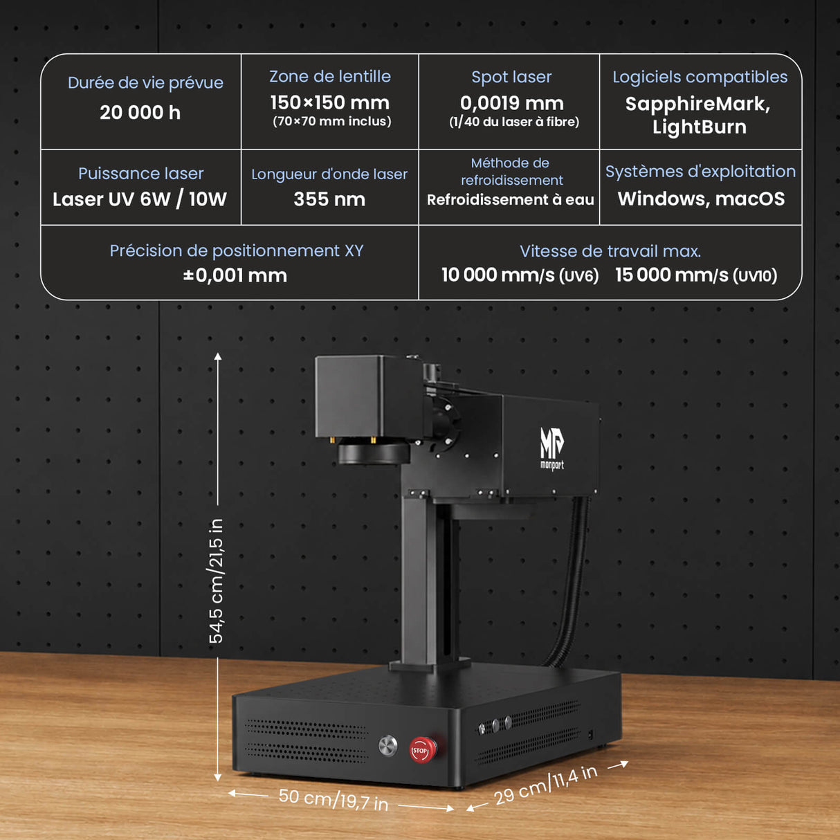Monport GM 10W PRO Machine de gravure laser UV (gravure intérieure) – Marquage laser UV professionnel avec technologie laser froid 355 nm